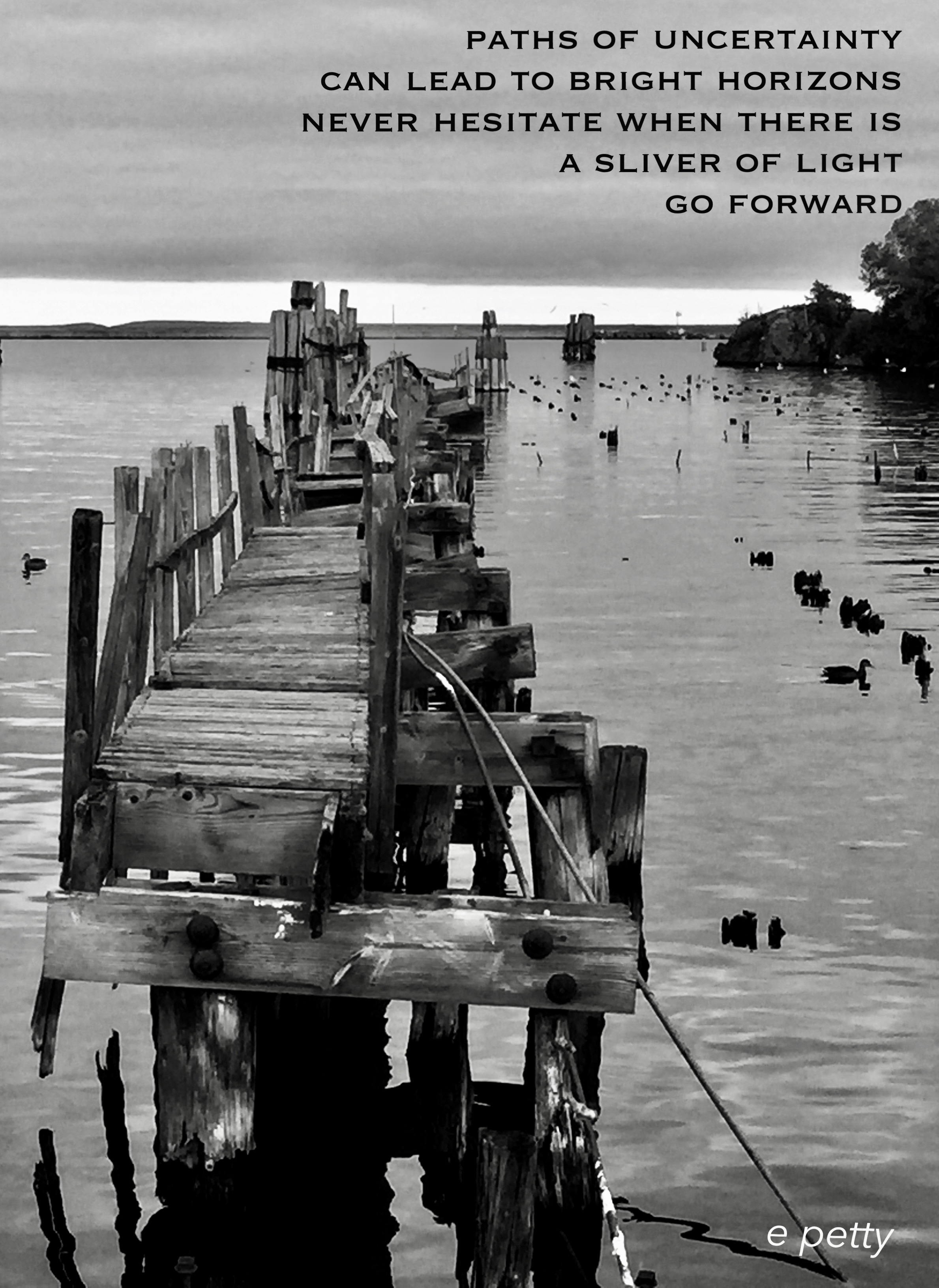Poster of photograph of dock in water with text