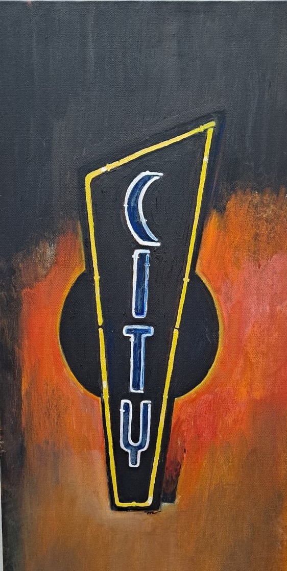 painting of sign that says "city"