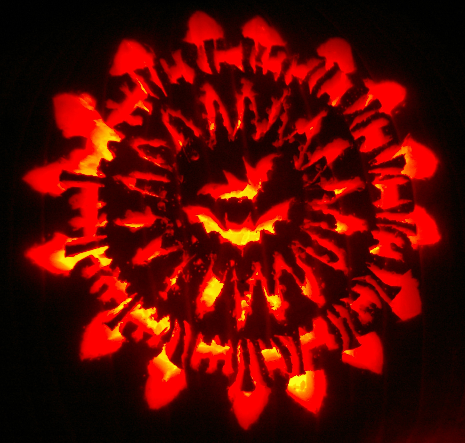 photo of jack o'lantern carving of coronavirus and bats