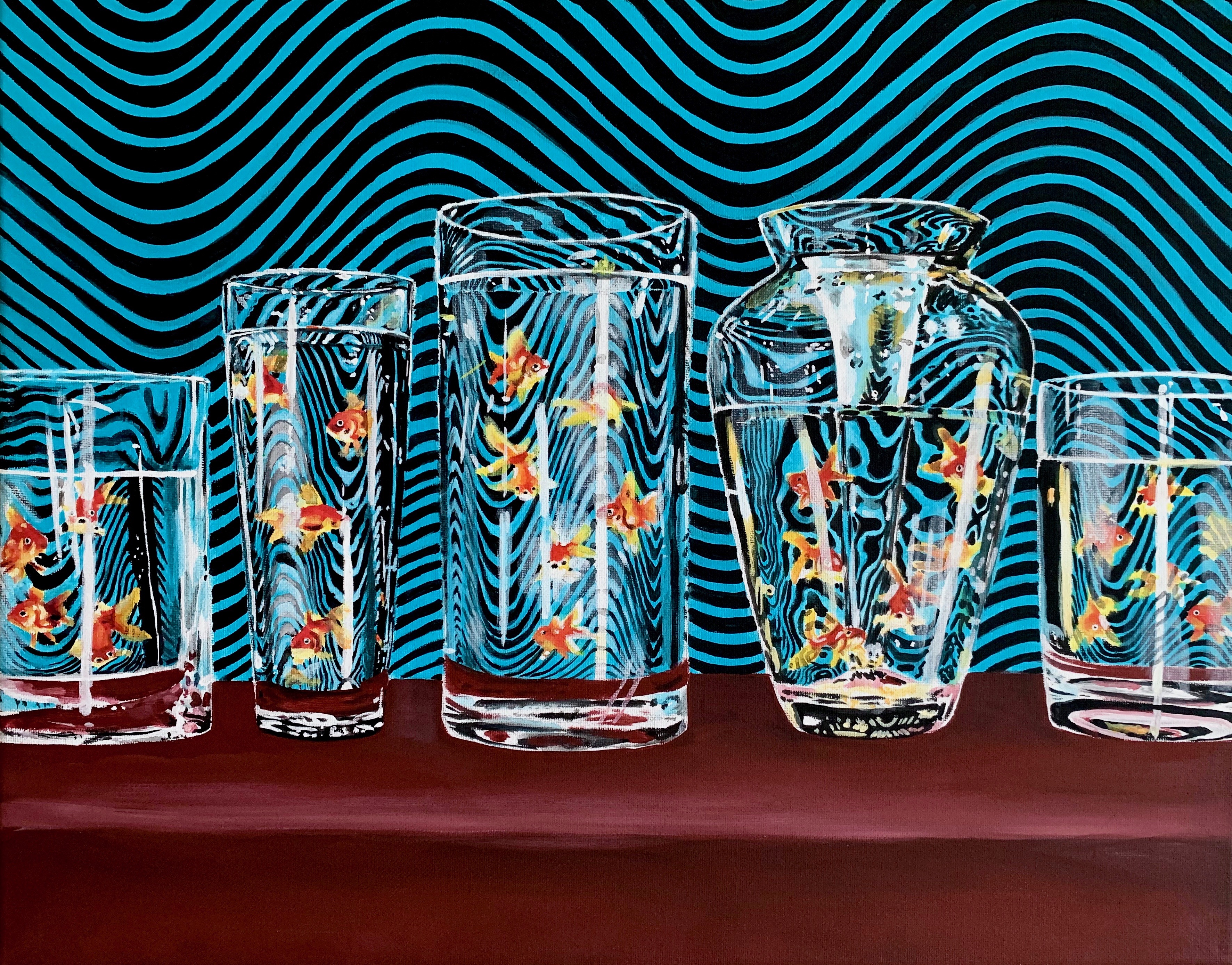 acrylic painting of clear glasses with flowers against a striped background