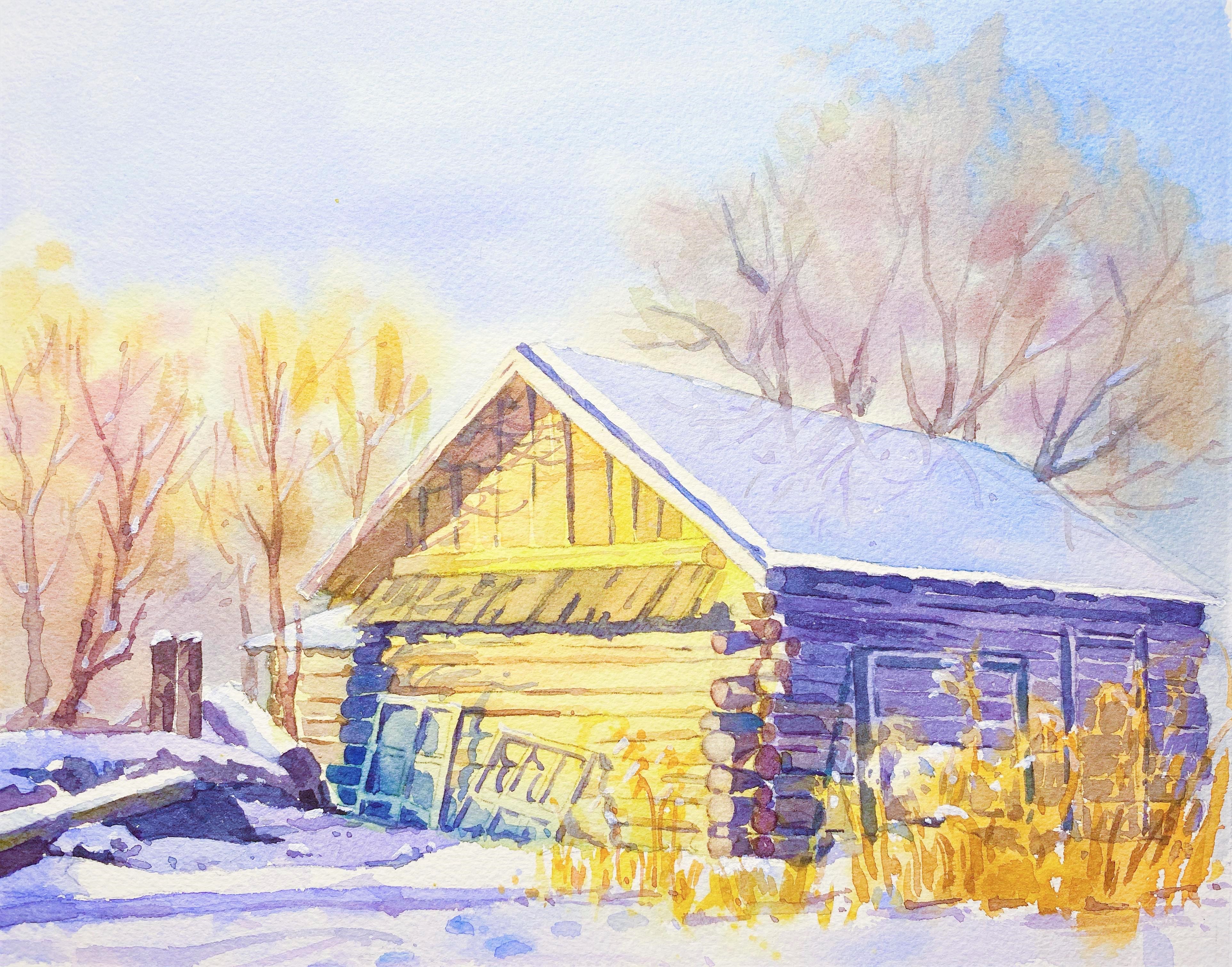 watercolor painting of log cabin in snowy woods with golden sun light