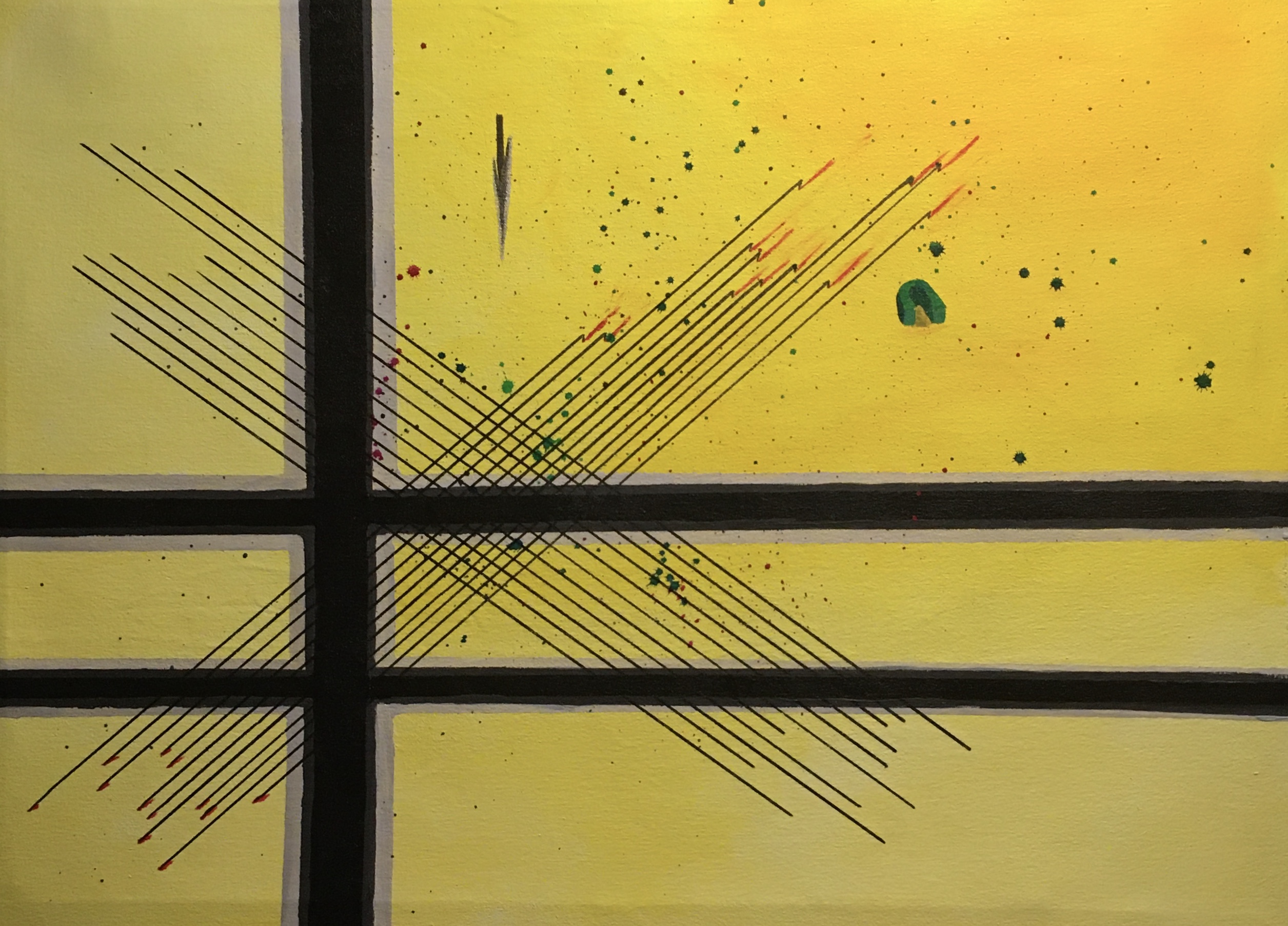 abstract painting with yellow background and dark lines crossing it with splatters