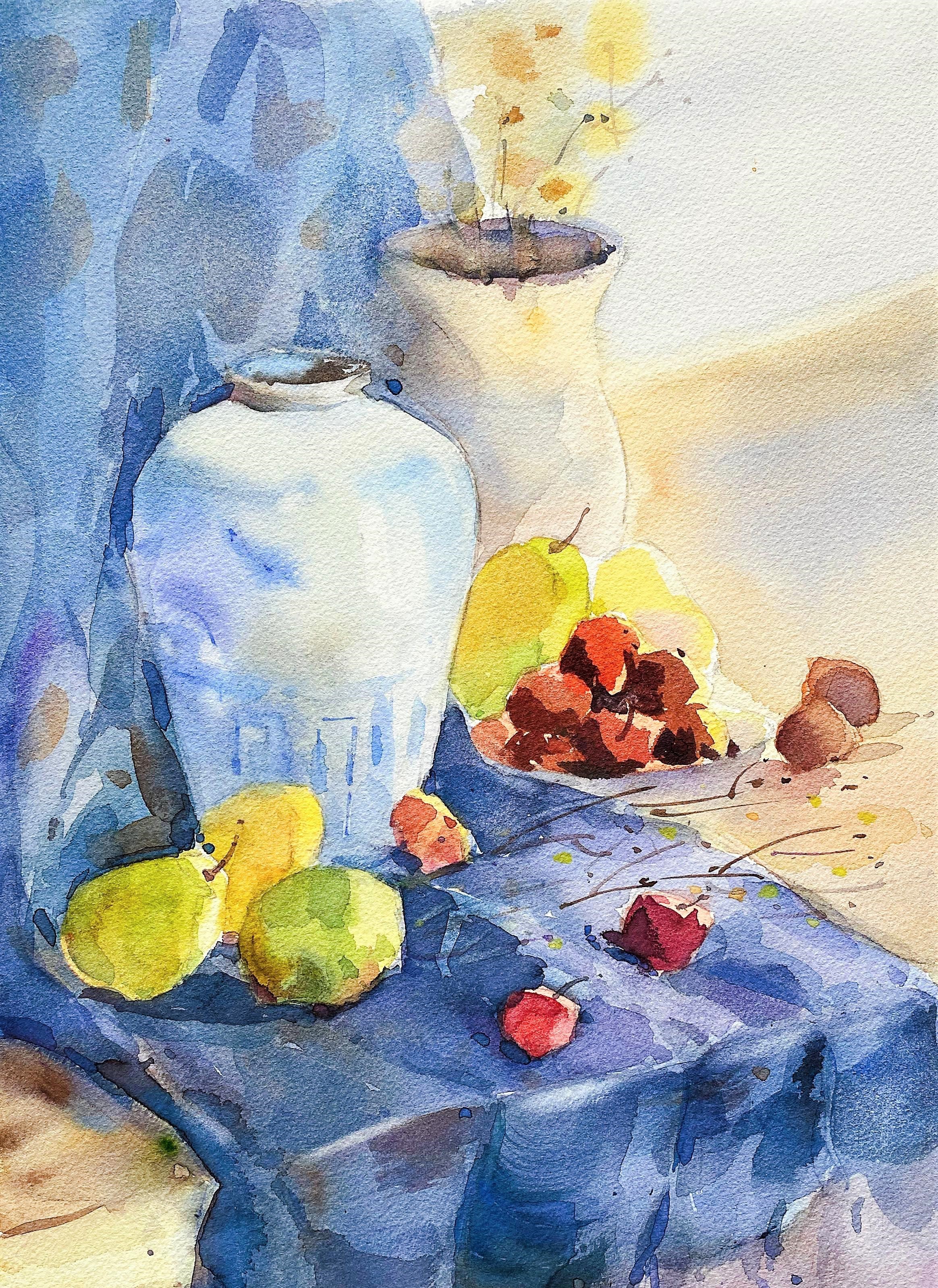 watercolor painting of long cloth with vases on top and fruit in front