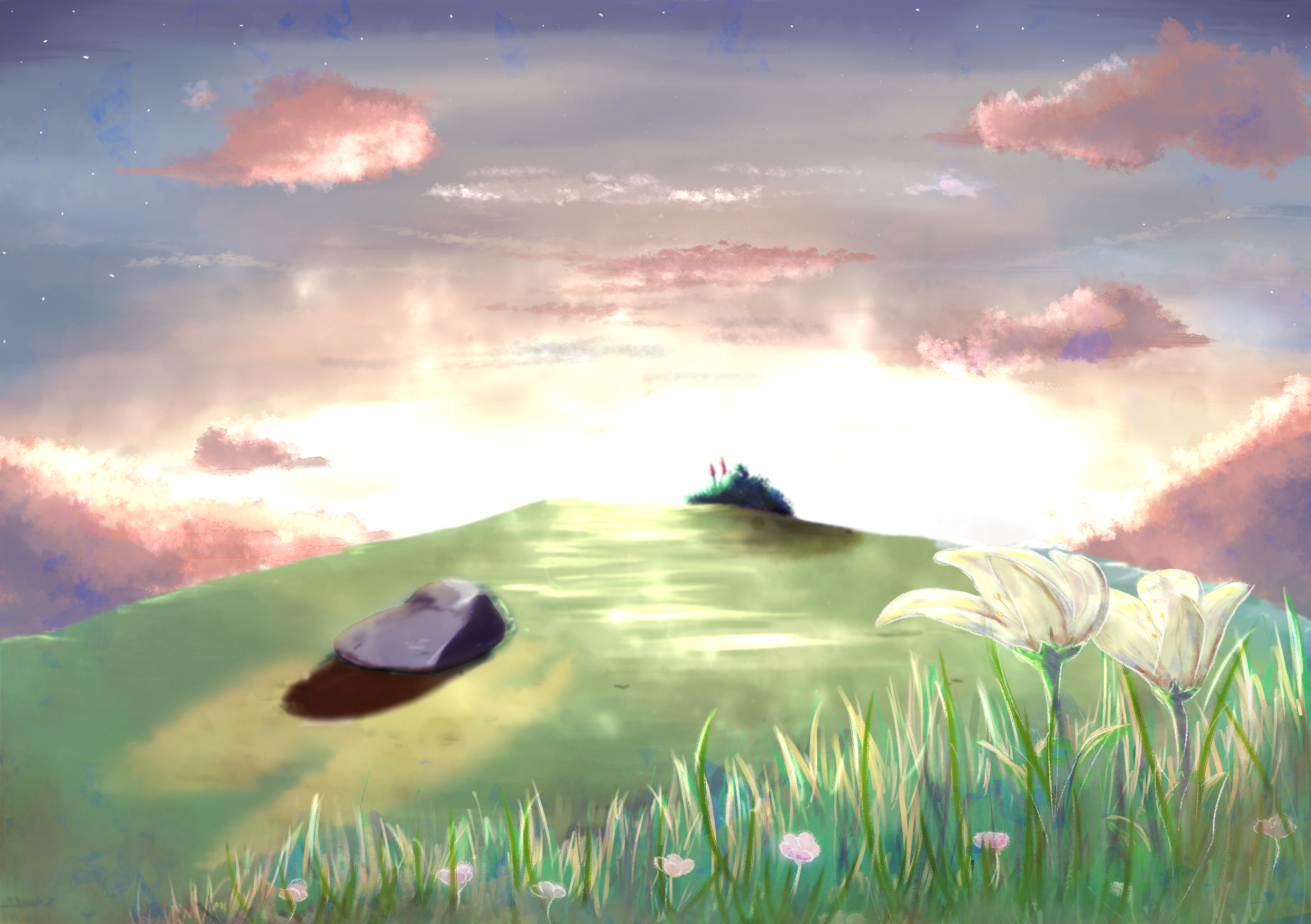 digital painting of grassy cliff with a stone, trees, flowers, with sun setting behind cliff, clouds and stars in sky
