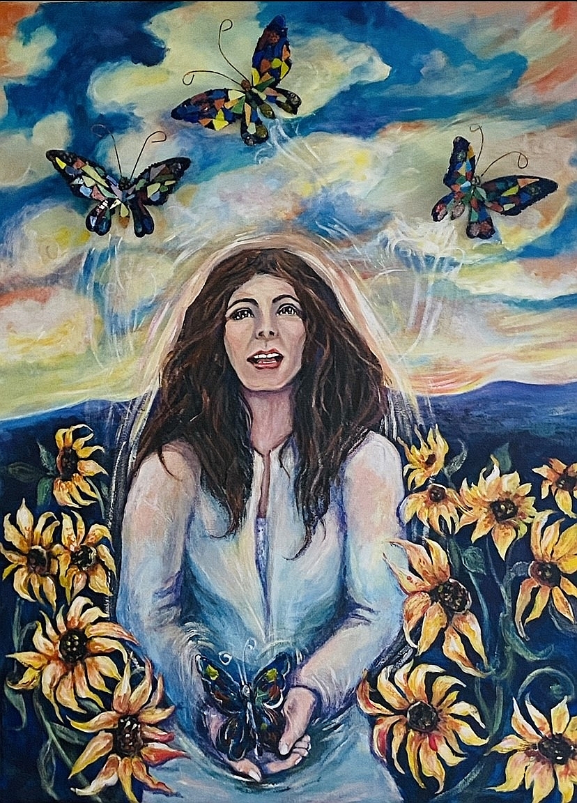 Painting of white woman standing in field of flowers against a blue sky with butterflies and clouds holding a butterfly