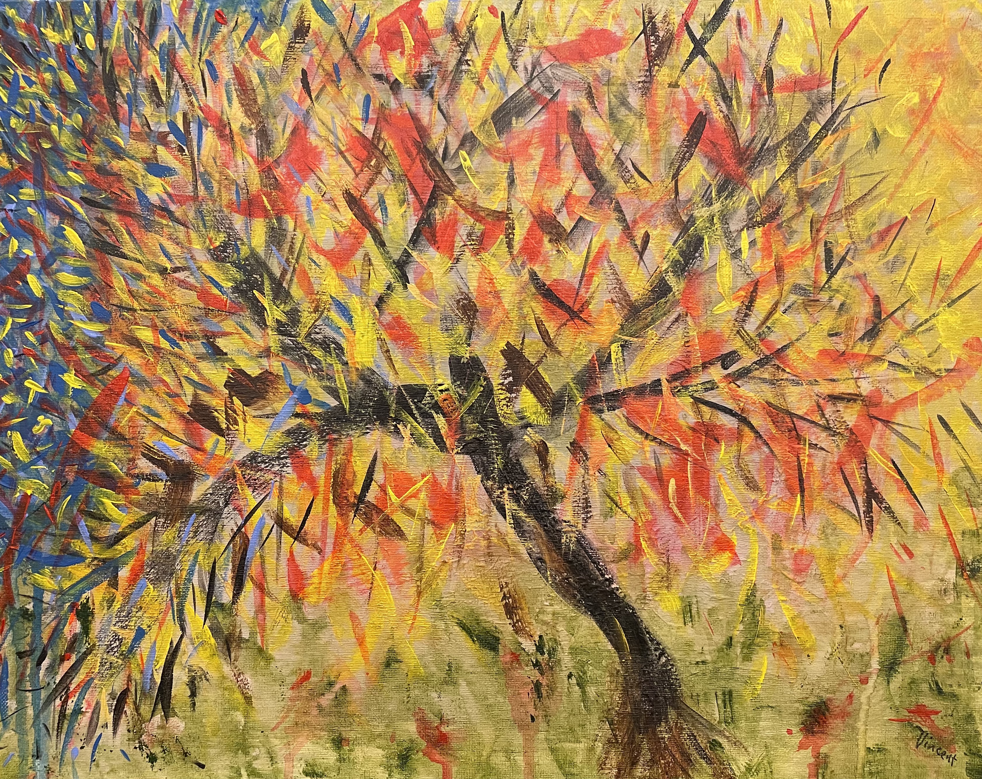 Semi-abstract painting of tree with red leaves against yellow background