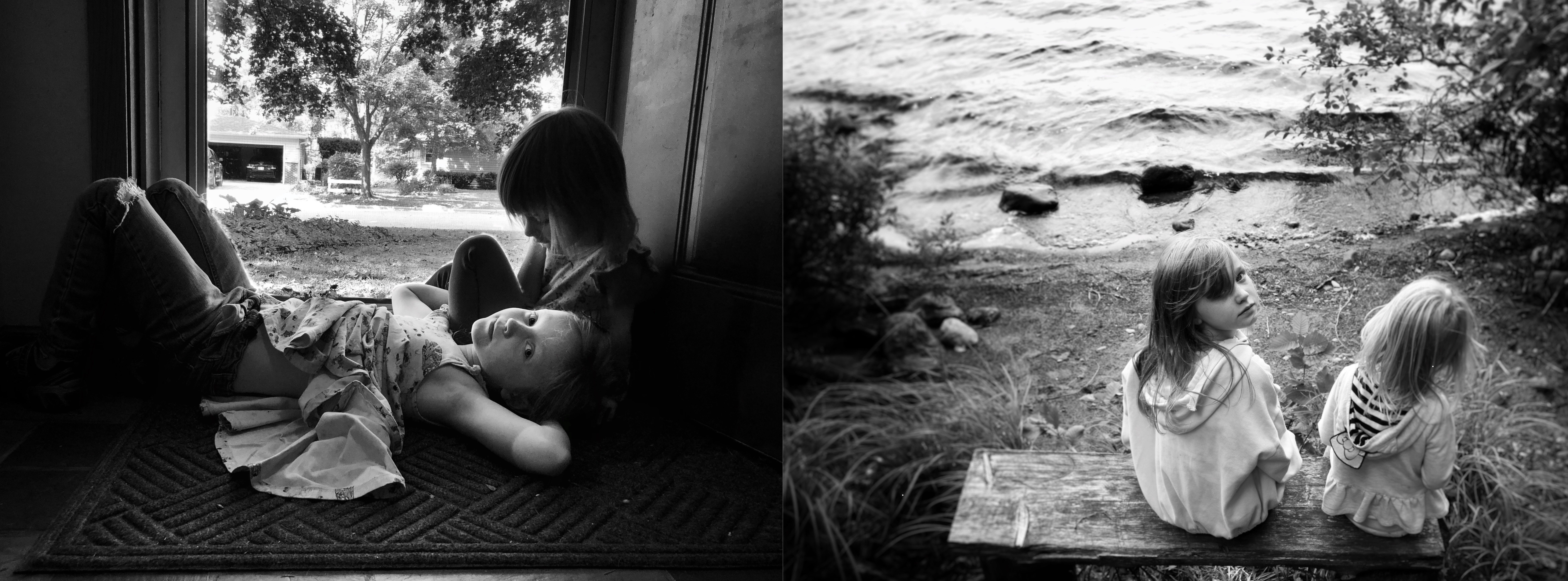 Diptych photograph of two black and white photos of two young white girls one side in a doorway and the second on a shore