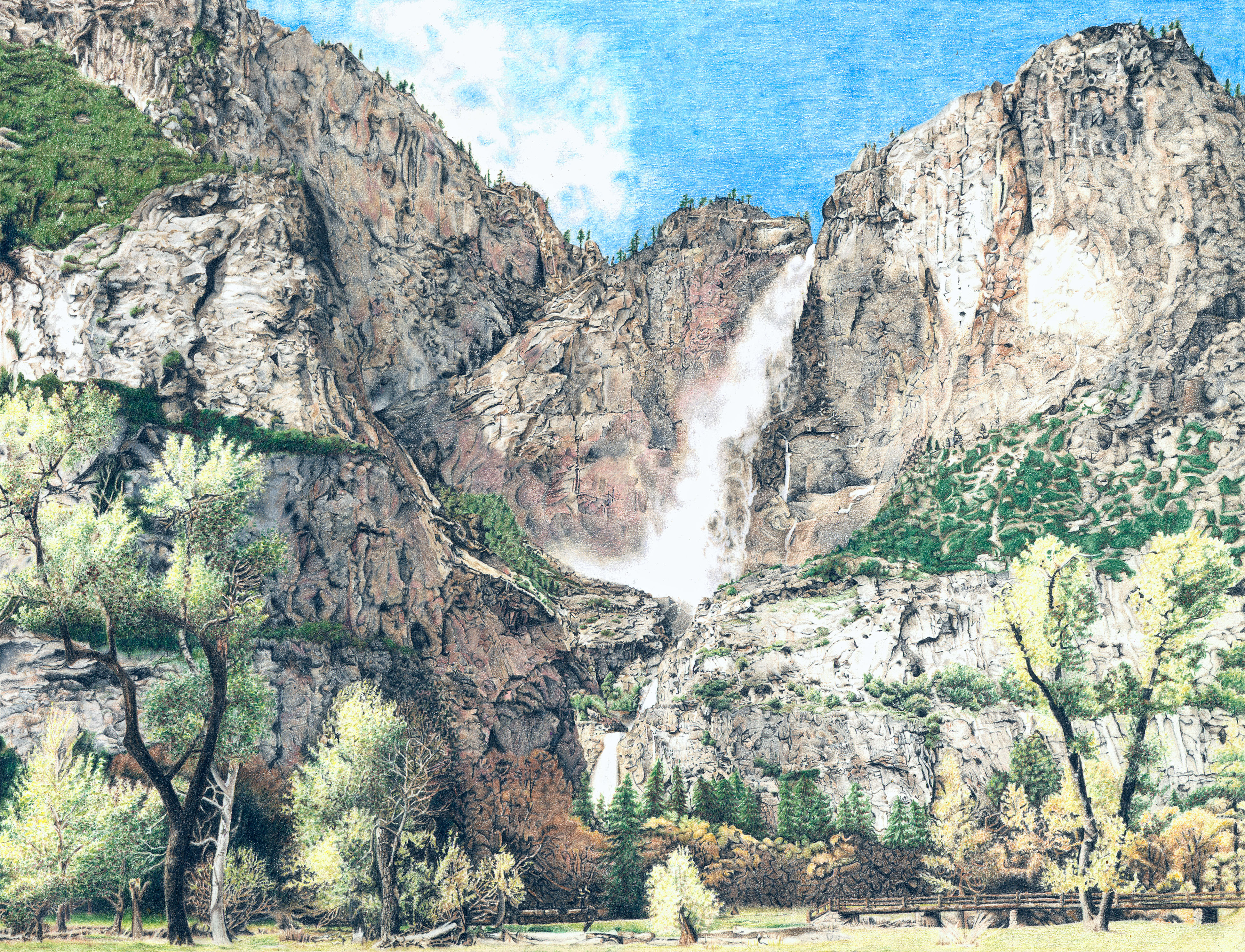 Color pencil drawing of yosemite with blue sky and clouds behind it, trees before it, waterfall through it
