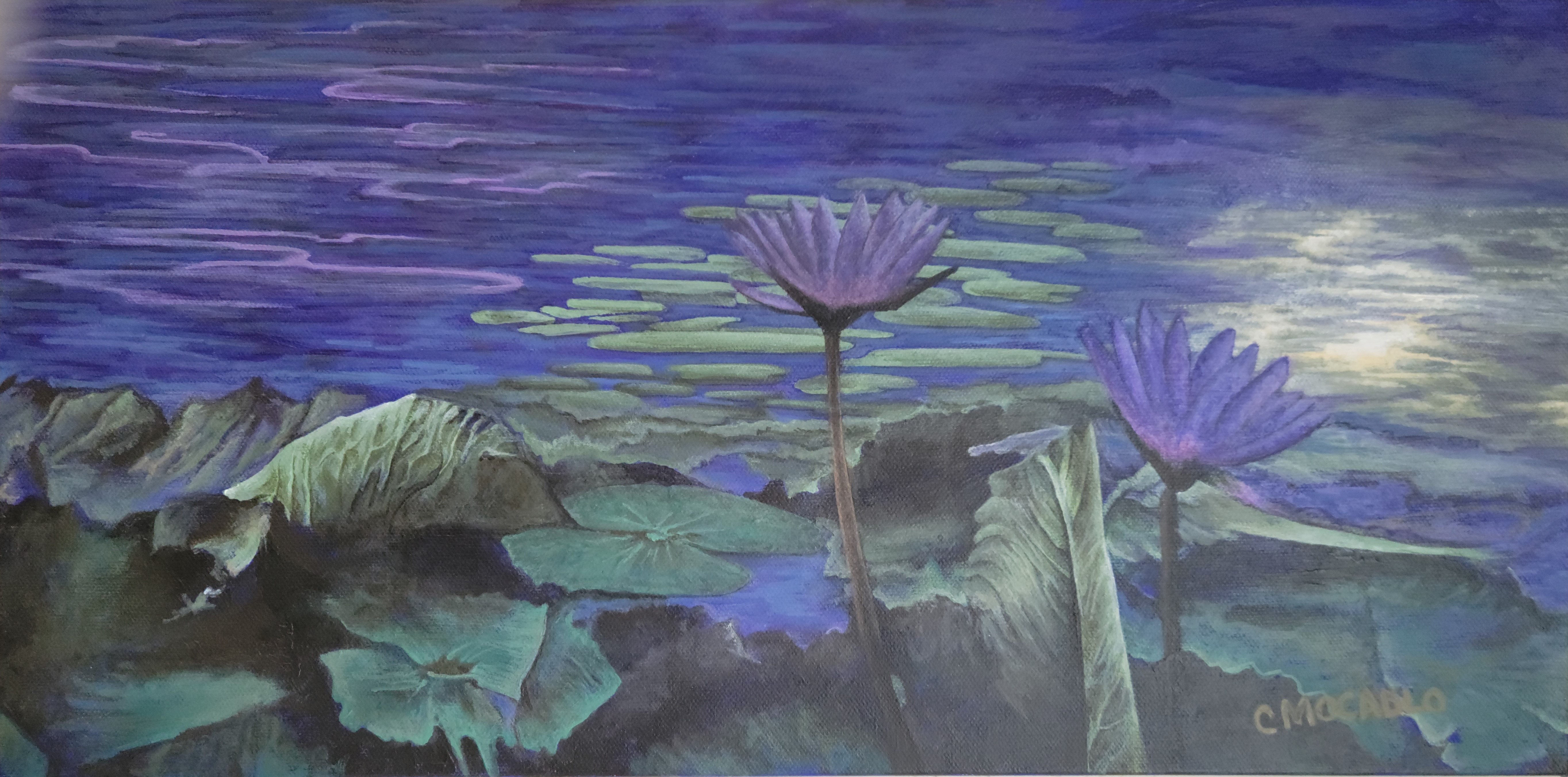 painting depicting water lotuses at dusk in dark blue and purple tones