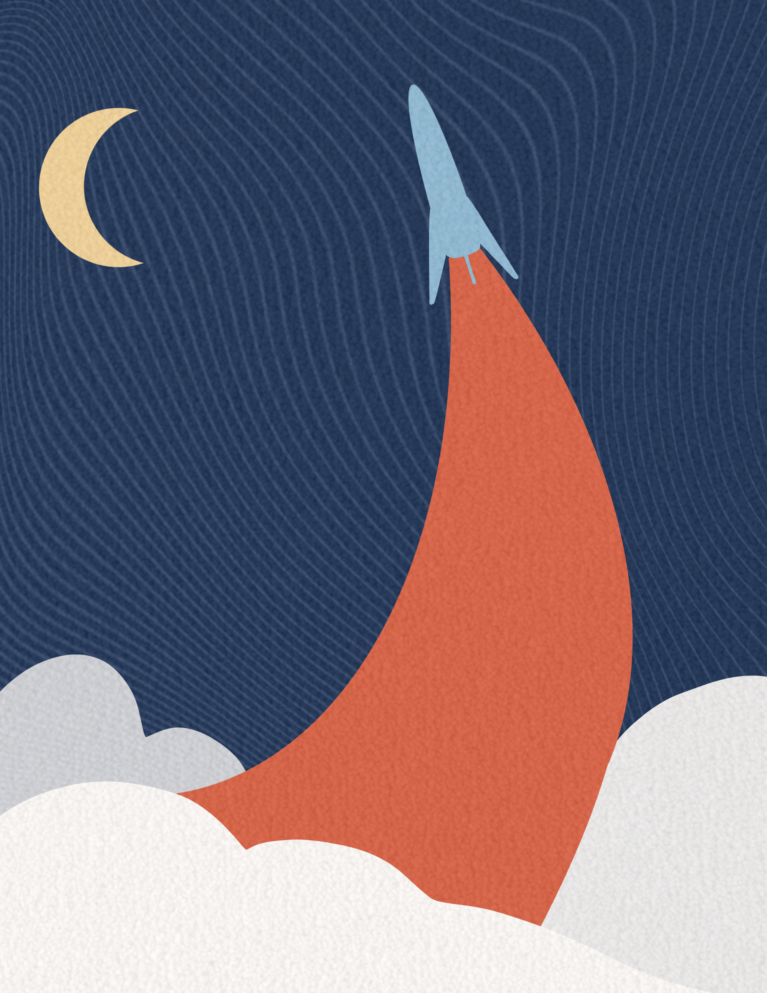 digital picture of blue rocketship rising above white clouds in dark blue sky with light blue lines and yellow crescent moon