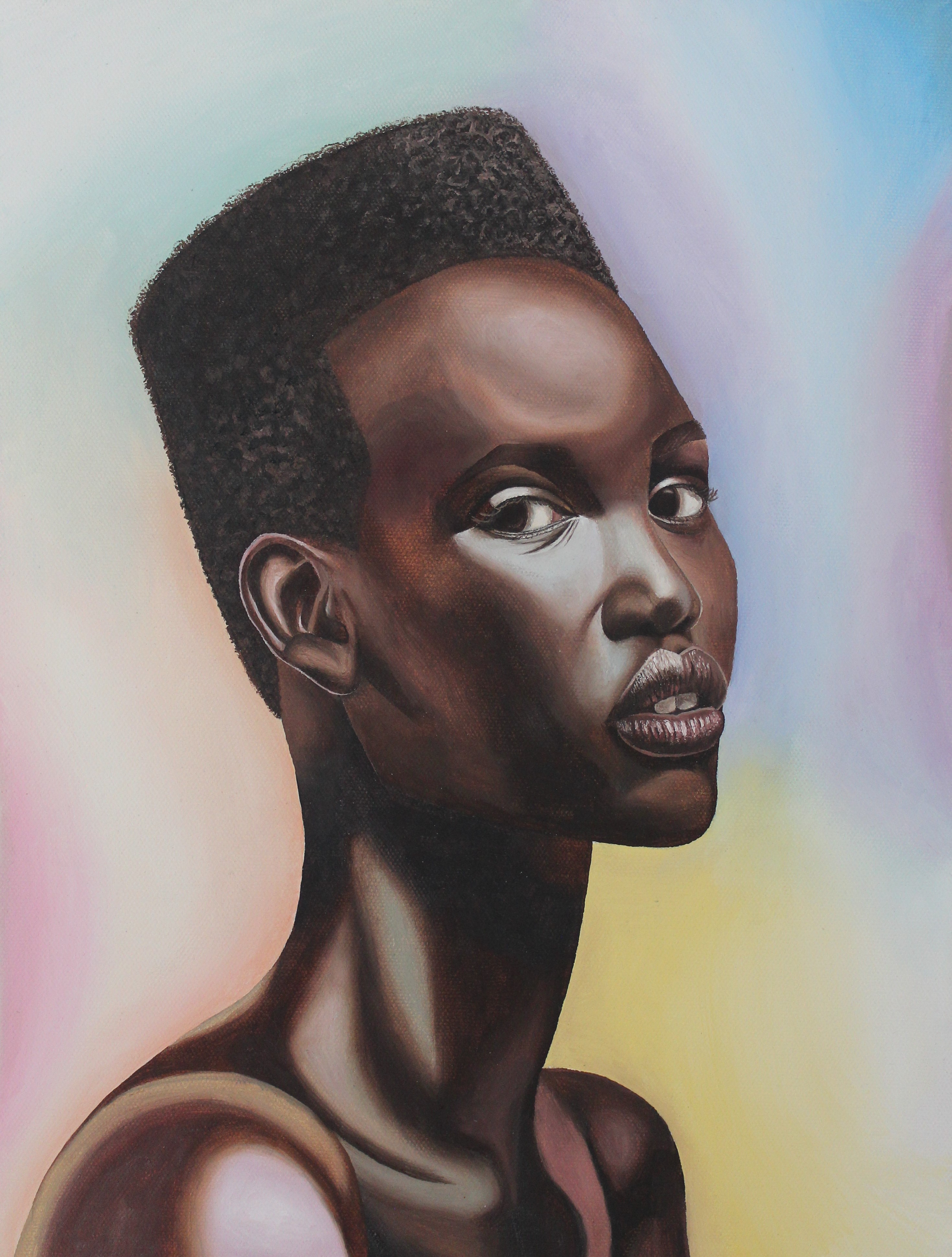 Portrait of African American person from shoulders up with pastel color in background