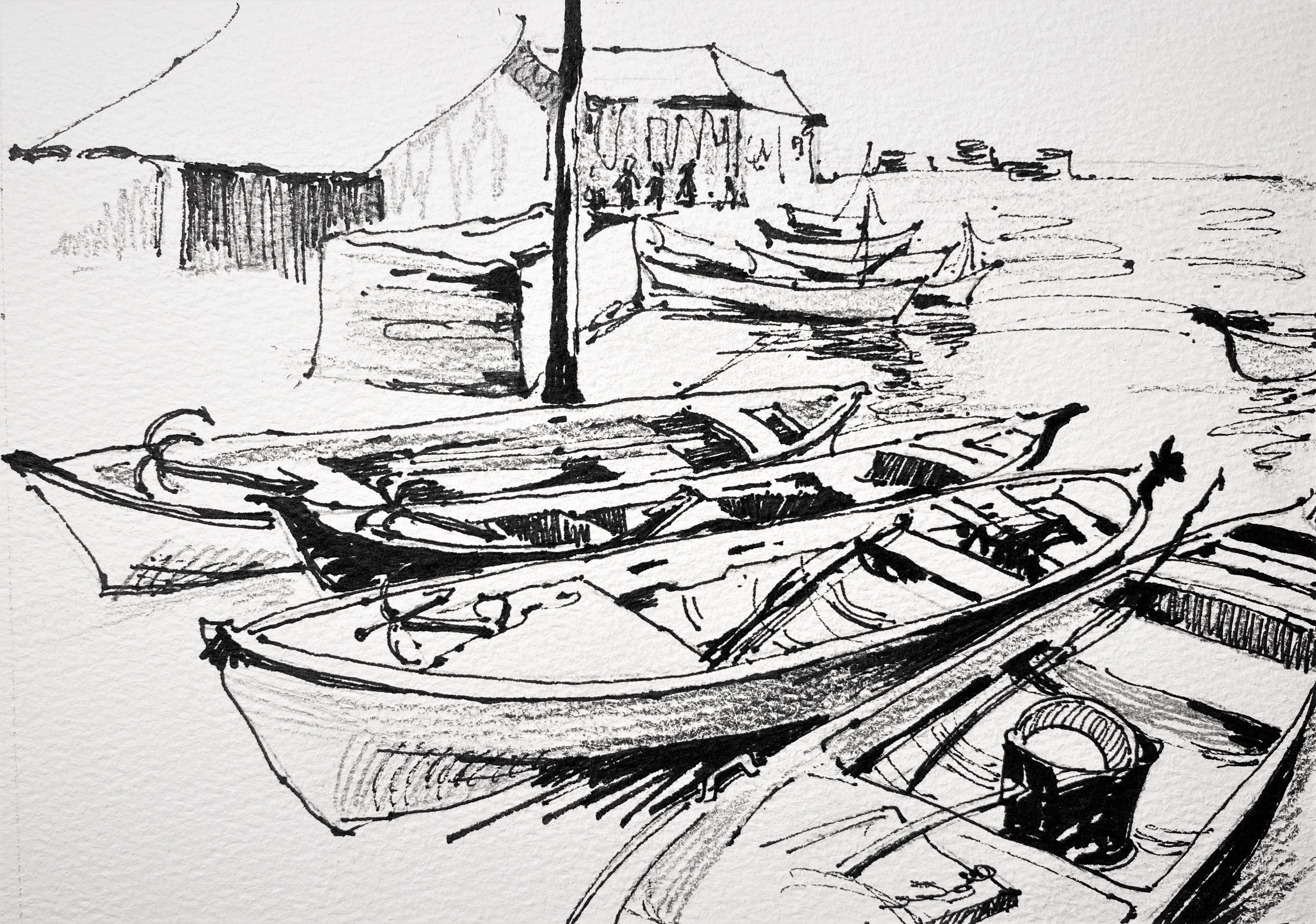 black and white drawing of boats in wharf