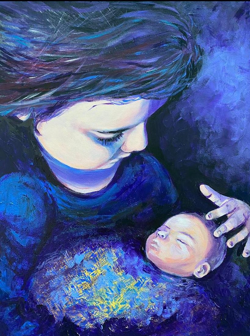 painting of child holding baby in dark blue tones