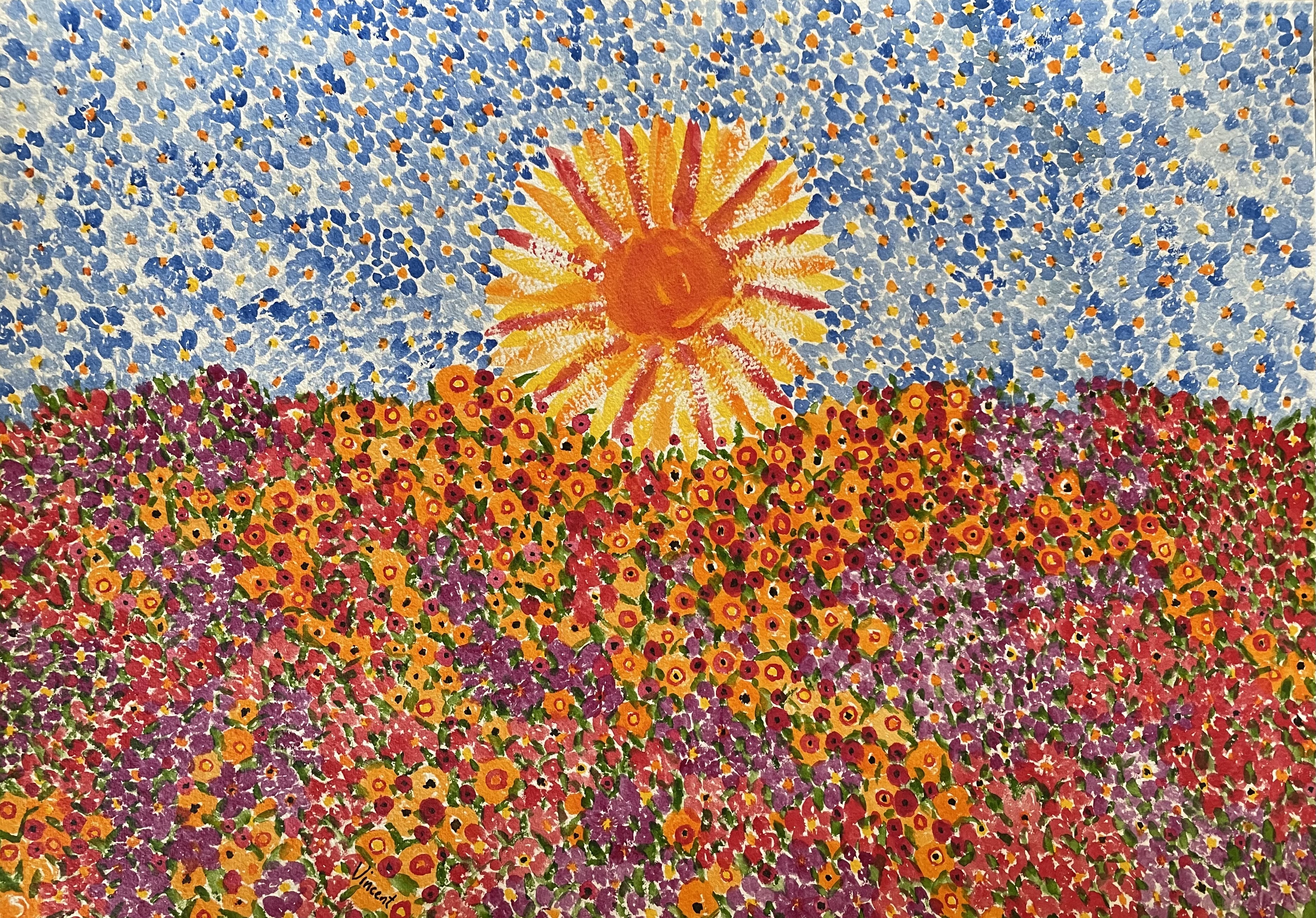 colorful, abstract-like watercolor of sun in sky above field of flowers