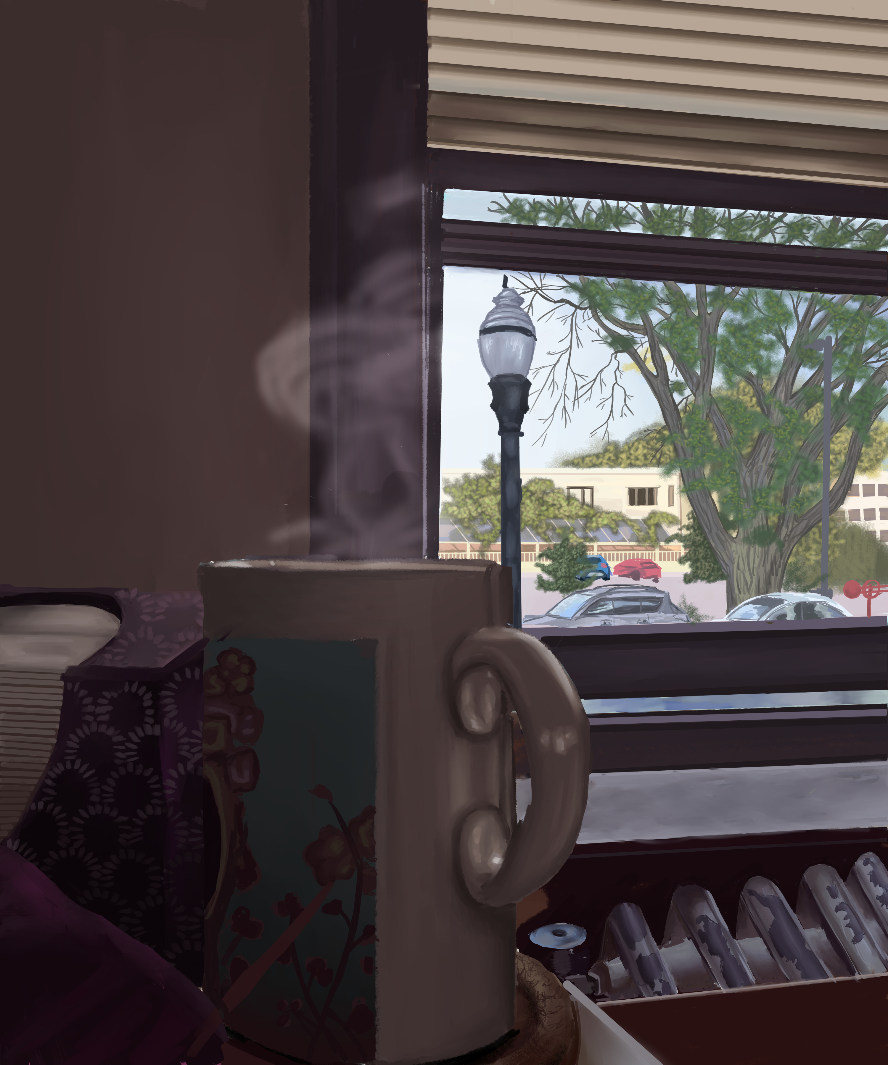 digital painting of out of focus mug with steam rising from it in foreground with in focus background of window looking at tree and cars on street outside