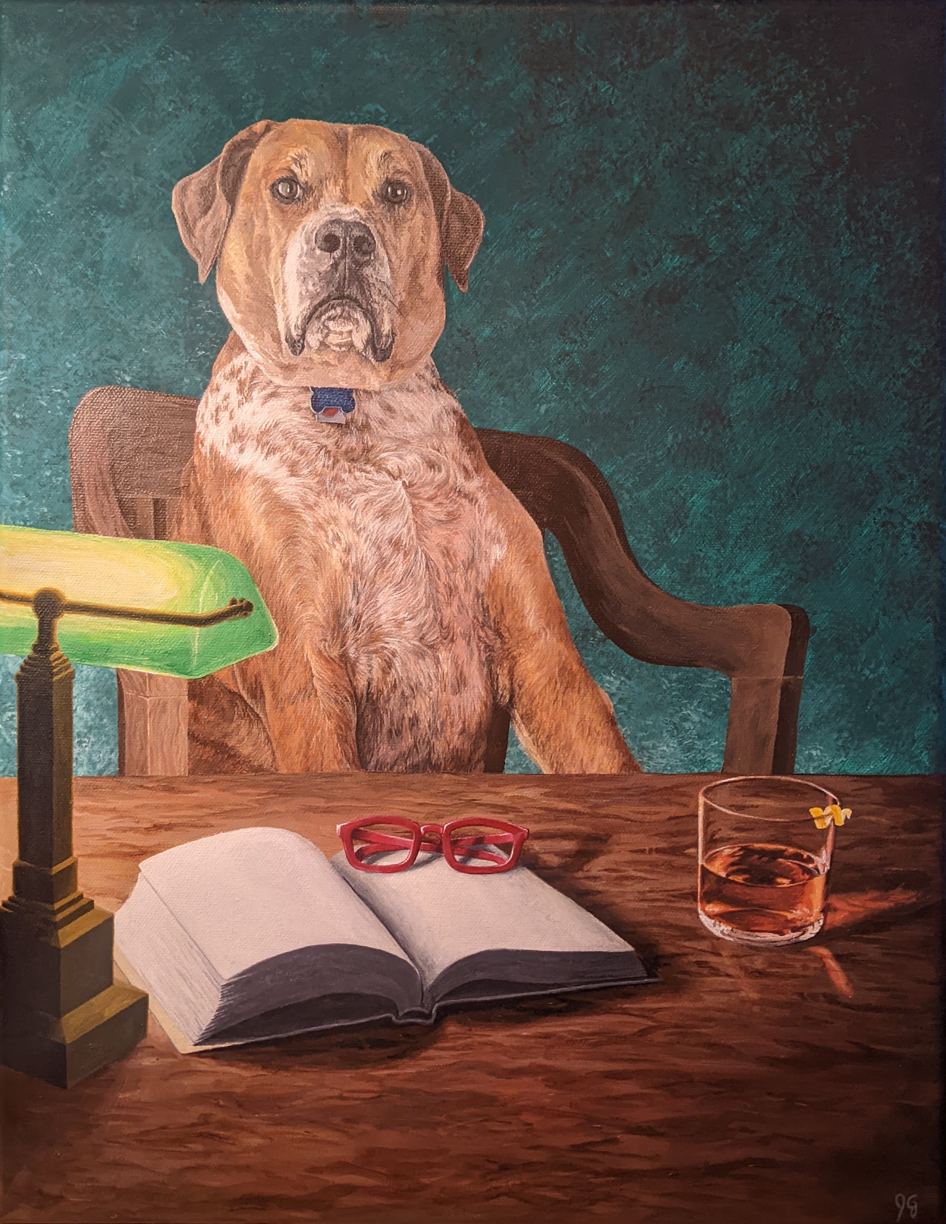 painting of dog sitting at desk with lamp, open book, reading glasses, and beverage in glass