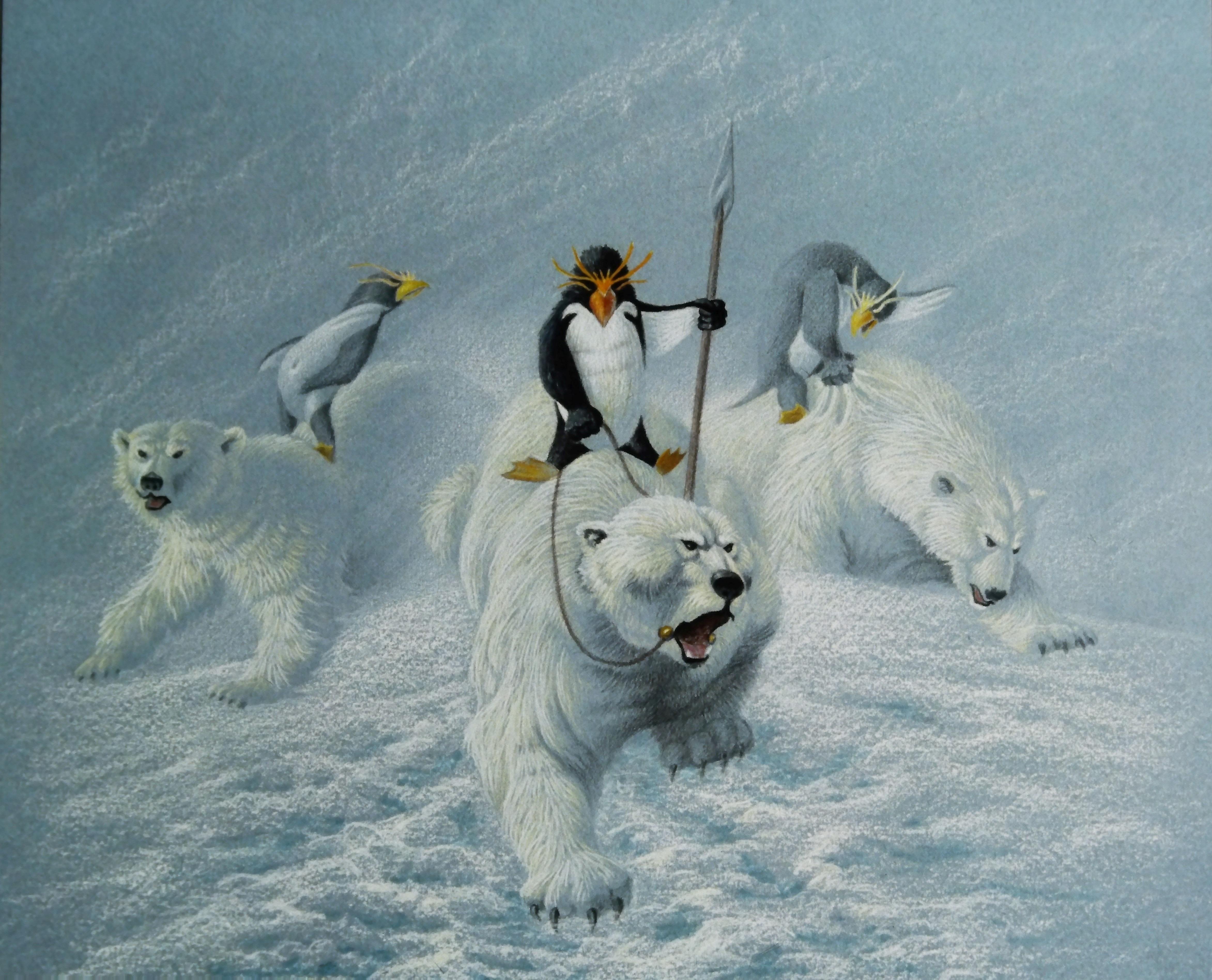 colored pencil drawing of three polar bears being ridden each by a penguin, the penguin leading the pack has a spear and a rein on the polar bear in snowy landscape