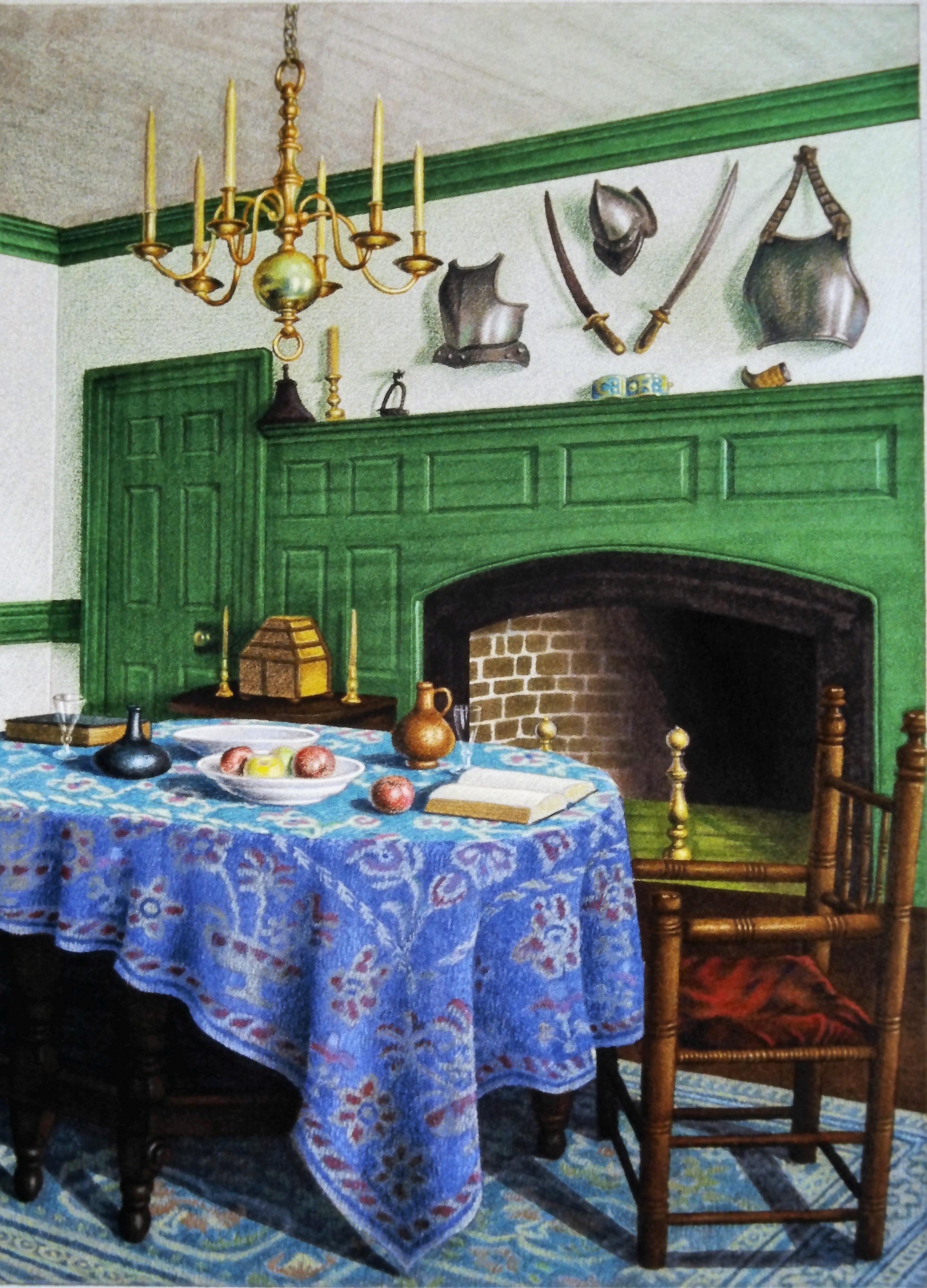 colored pencil drawing of room with green door, trim, and fireplace, table with blue tablecloth, chair, decorative wall hangings with swords and helmet, chandelier, rug