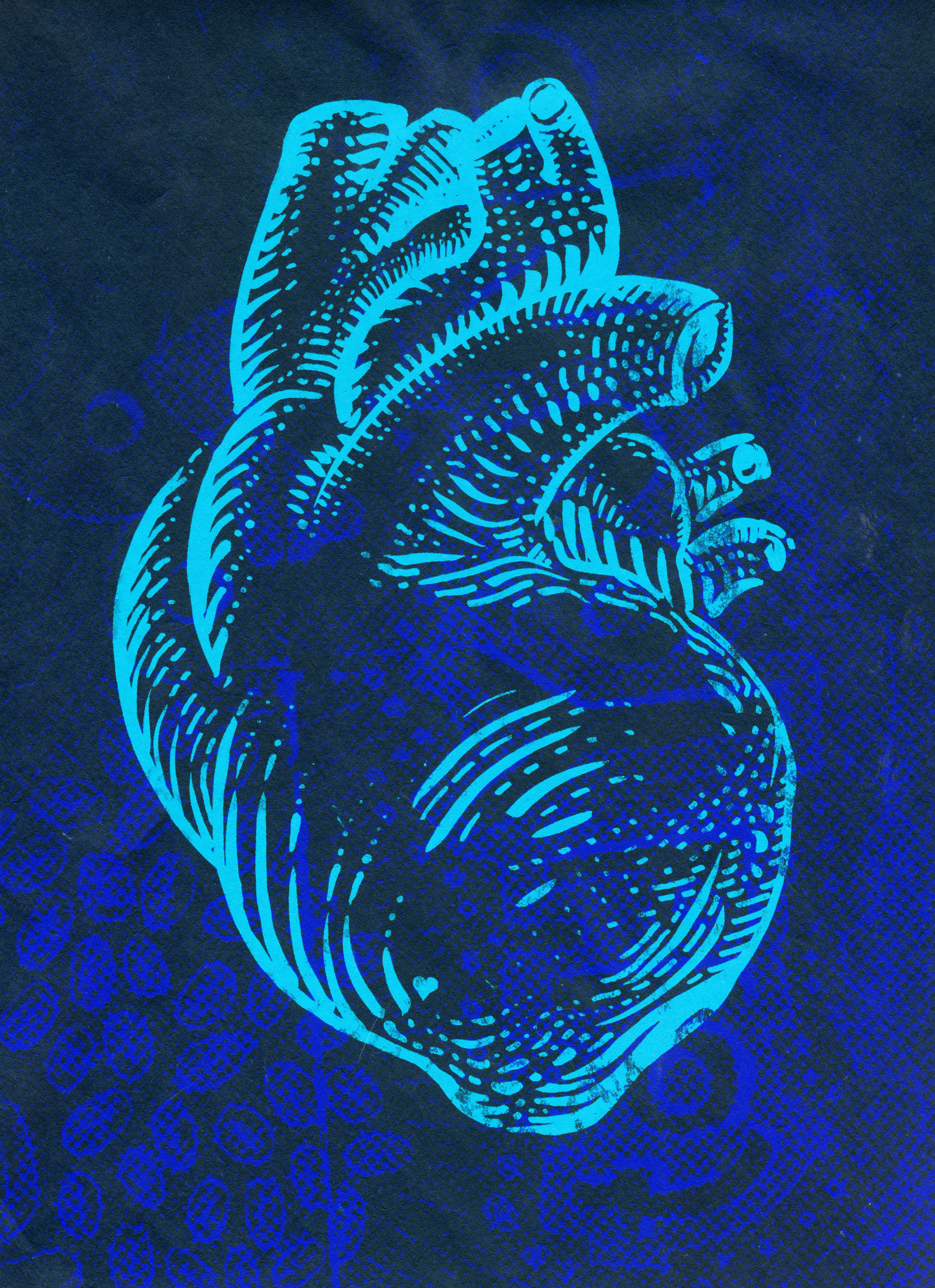 silk screen print of light blue human heart above a dark blue-black patterned background