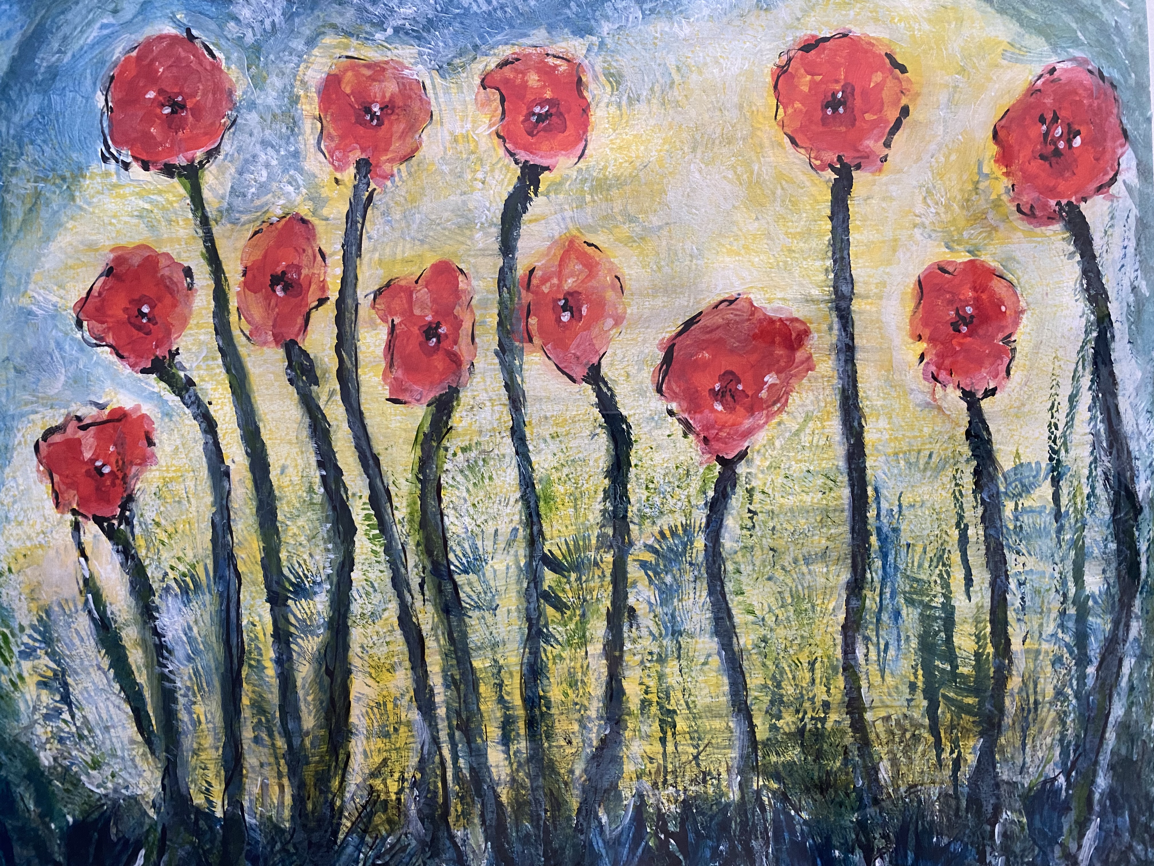 painting of red poppies against a yellow-blue sky with leaves and plants below
