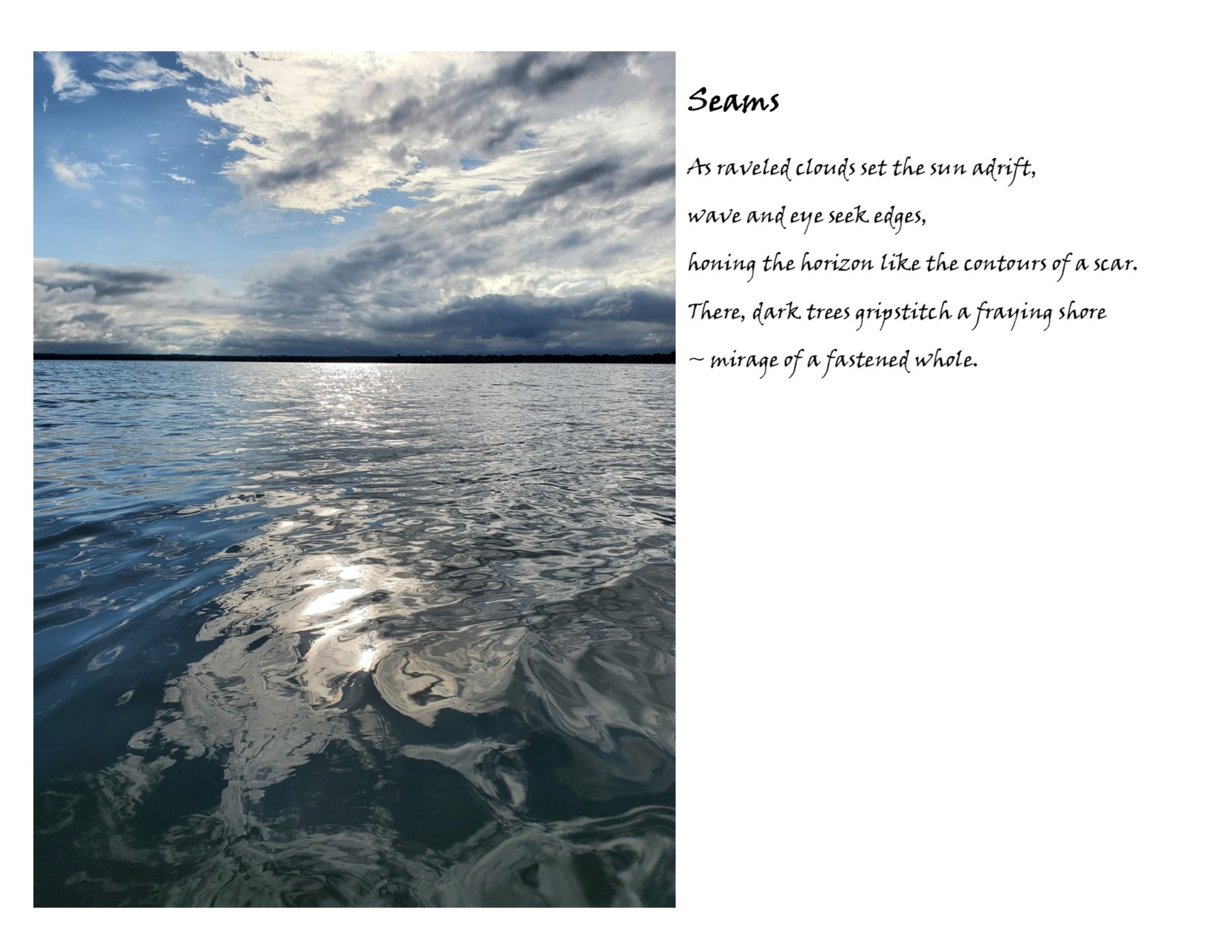 Photo of open water with blue sky and clouds with poem beside it