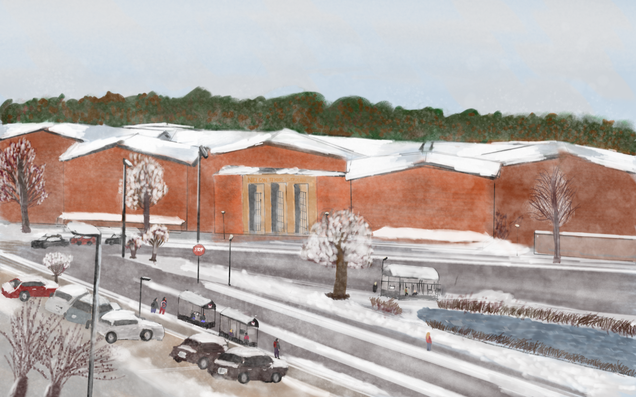 Digital painting/drawing of nielsen tennis building and intersection of streets and parking lot in front of it in winter with snow and people walking, cars driving and parked