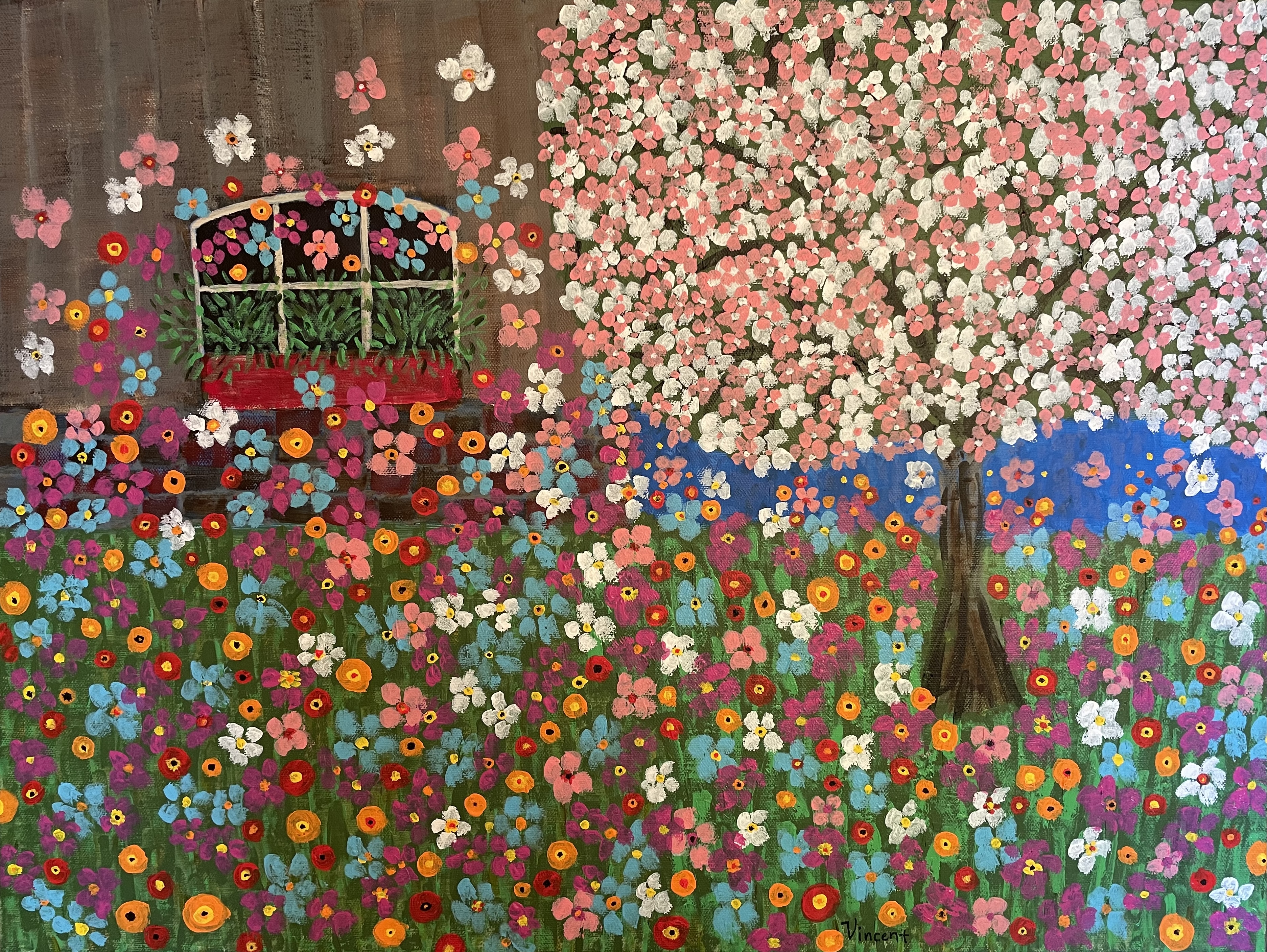 colorful painting of pink and white blossom tree, flowers in grass next to a building with a window with flower box