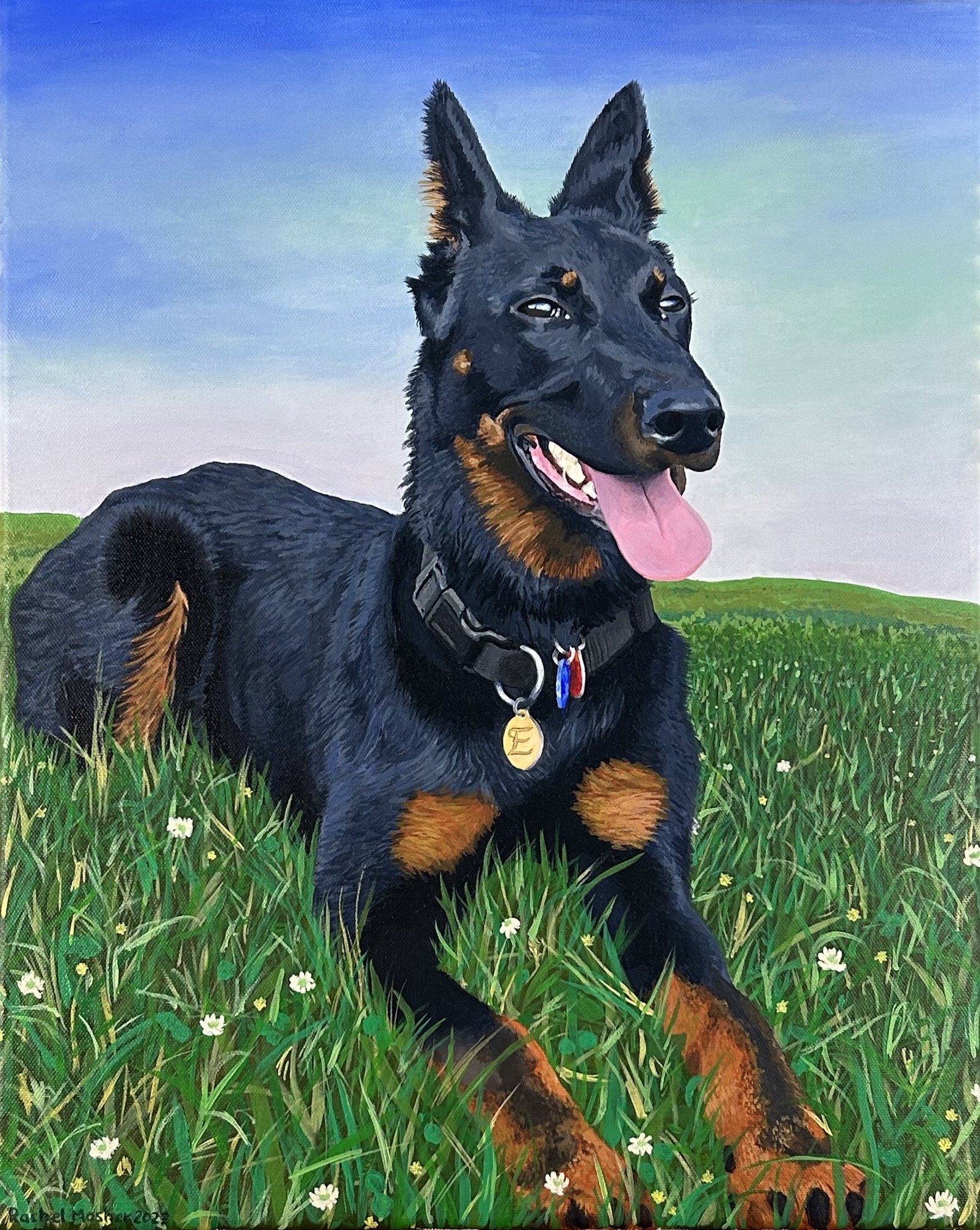 Painting of black and brown dog with its tongue out wearing a collar and laying in green grass with little white flowers and blue sky behind it