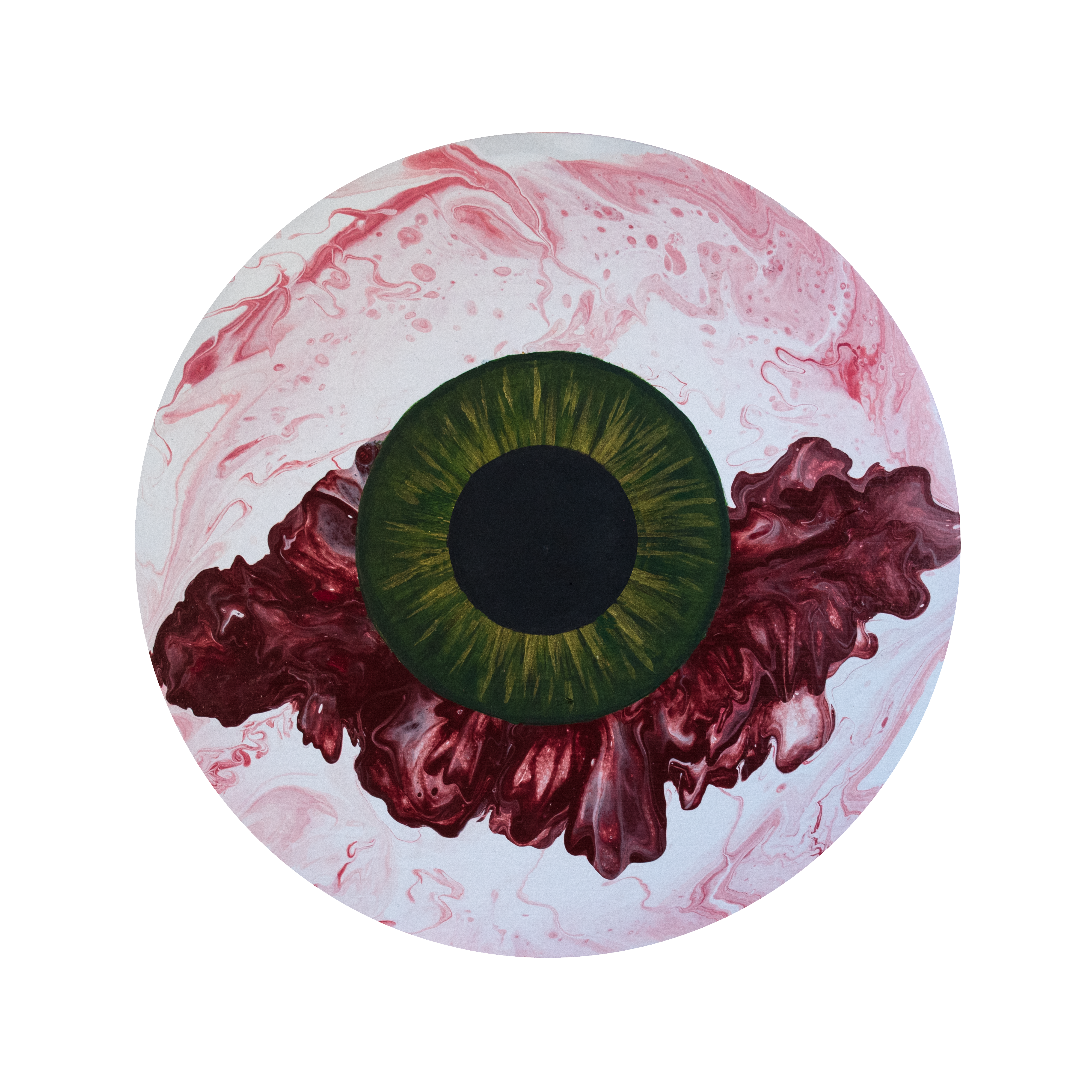 Colorful poured painting on wood disc of a human eye with black spot