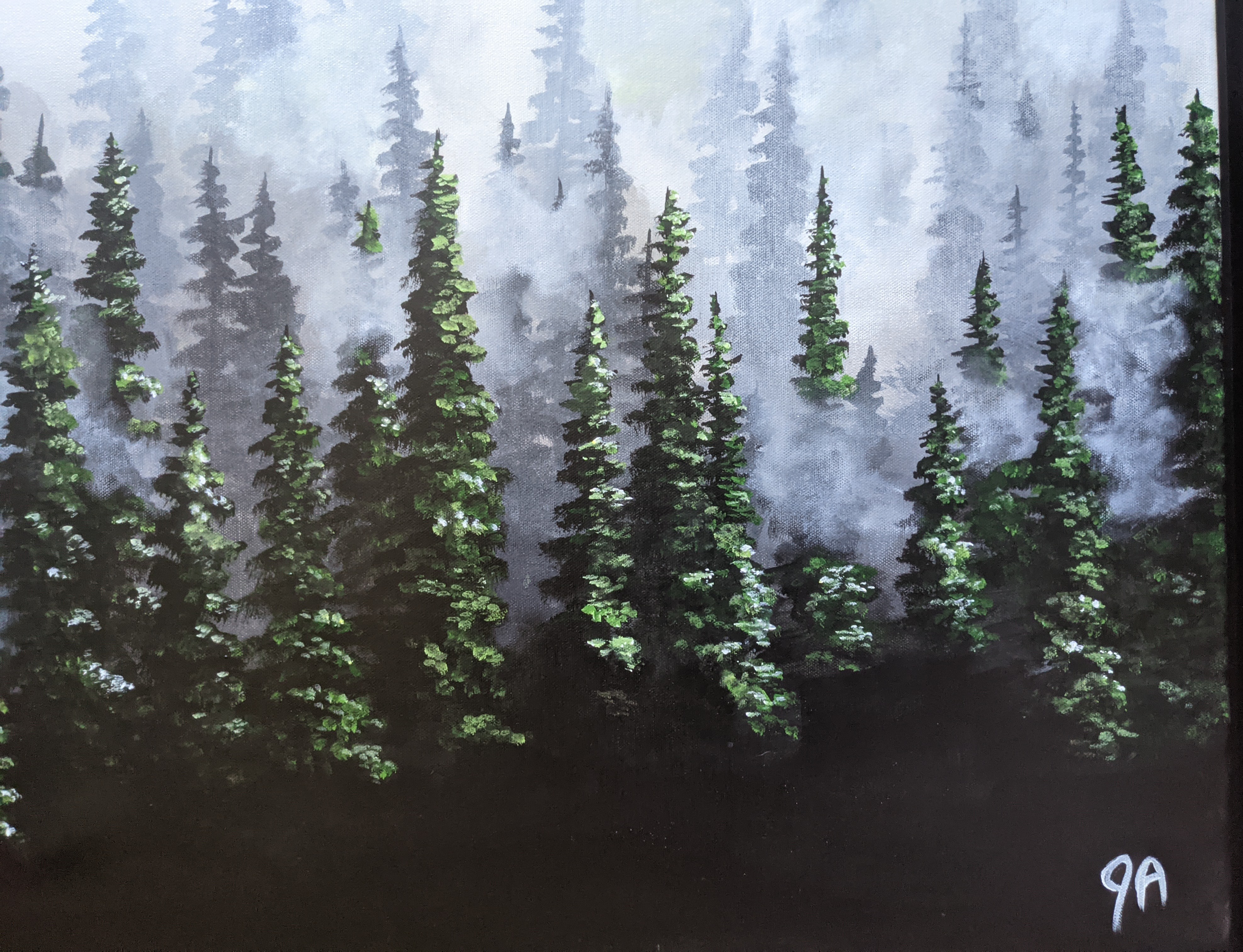 painting of conifer forest with mist in the treetops, which are highlighted on the tops and dark at the bottom