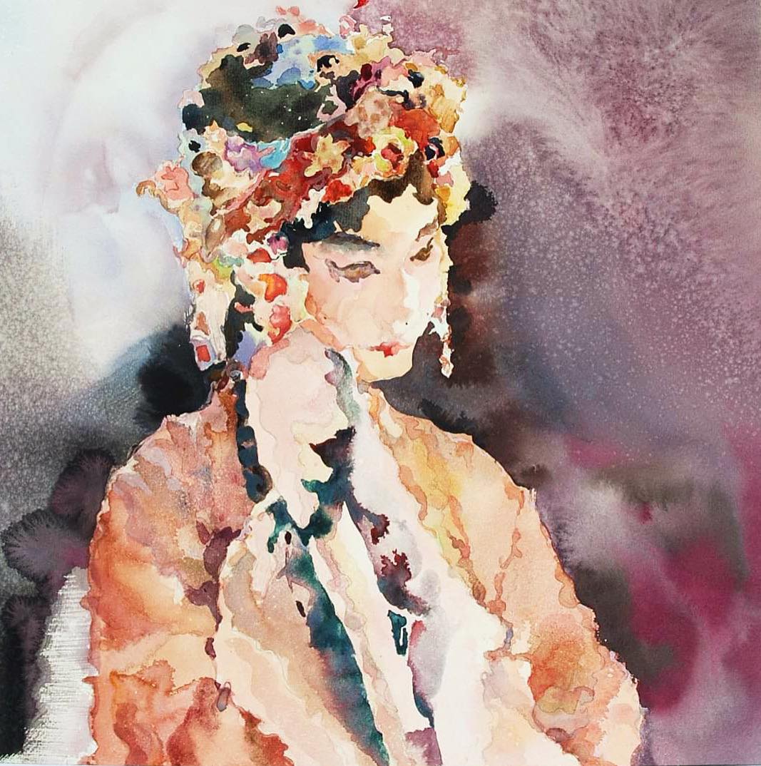 colorful, slightly abstracted/unclear watercolor portrait of person from waist up in a peach-colored outfit wearing flowers on their head with a pink, gray and white background