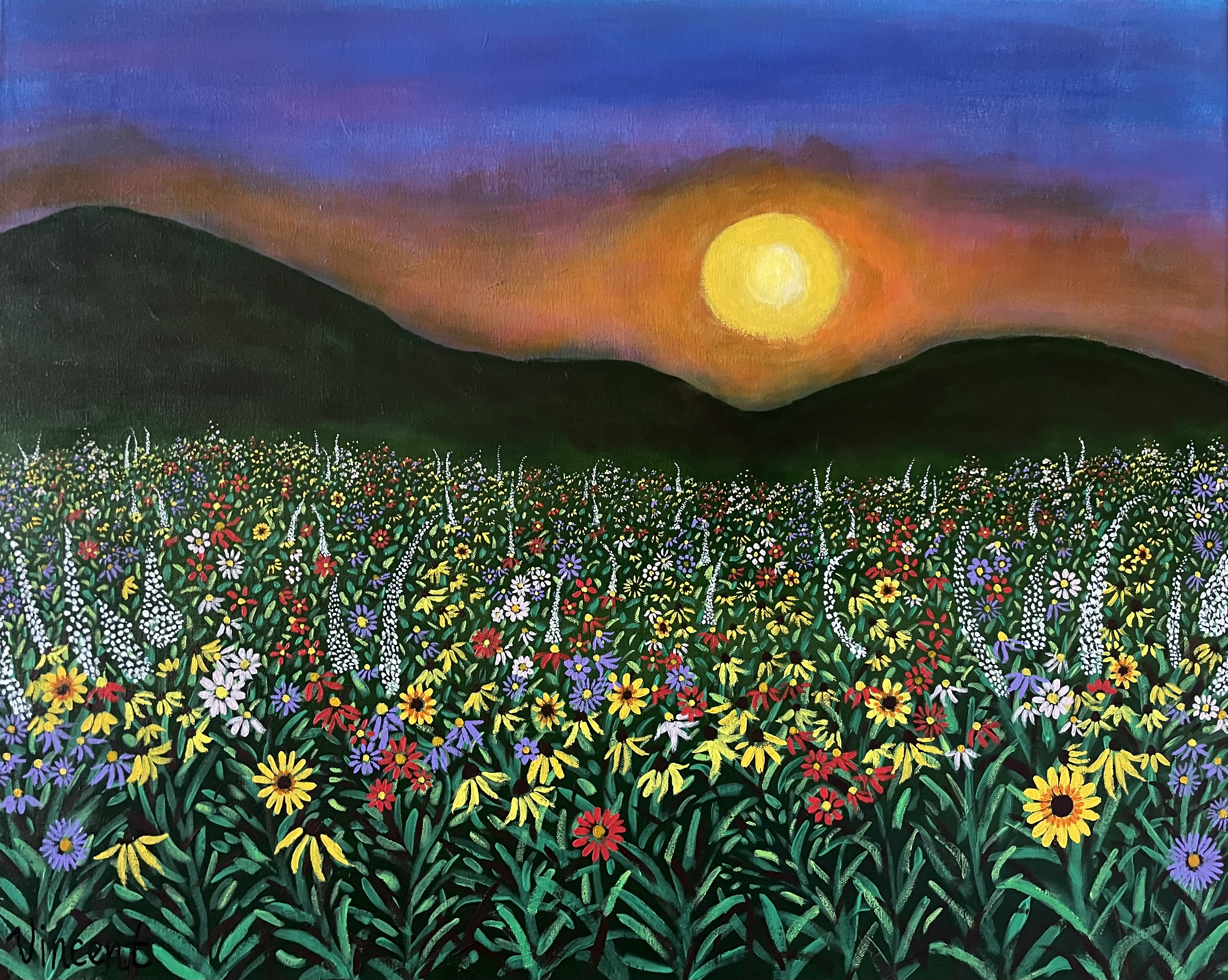 Colorful painting of field of flowers in red, white, yellow, and purple against a dark mountain range with the sun low in a red and blue sky