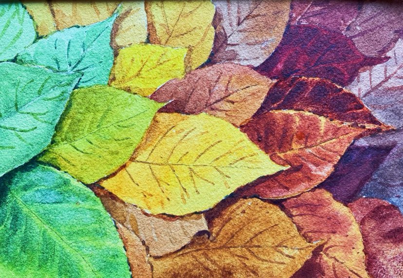 watercolor of leaves overlapping each other in a rainbow patterns with greens and blues on left moving to yellows and oranges and browns in middle to reds, purples at right