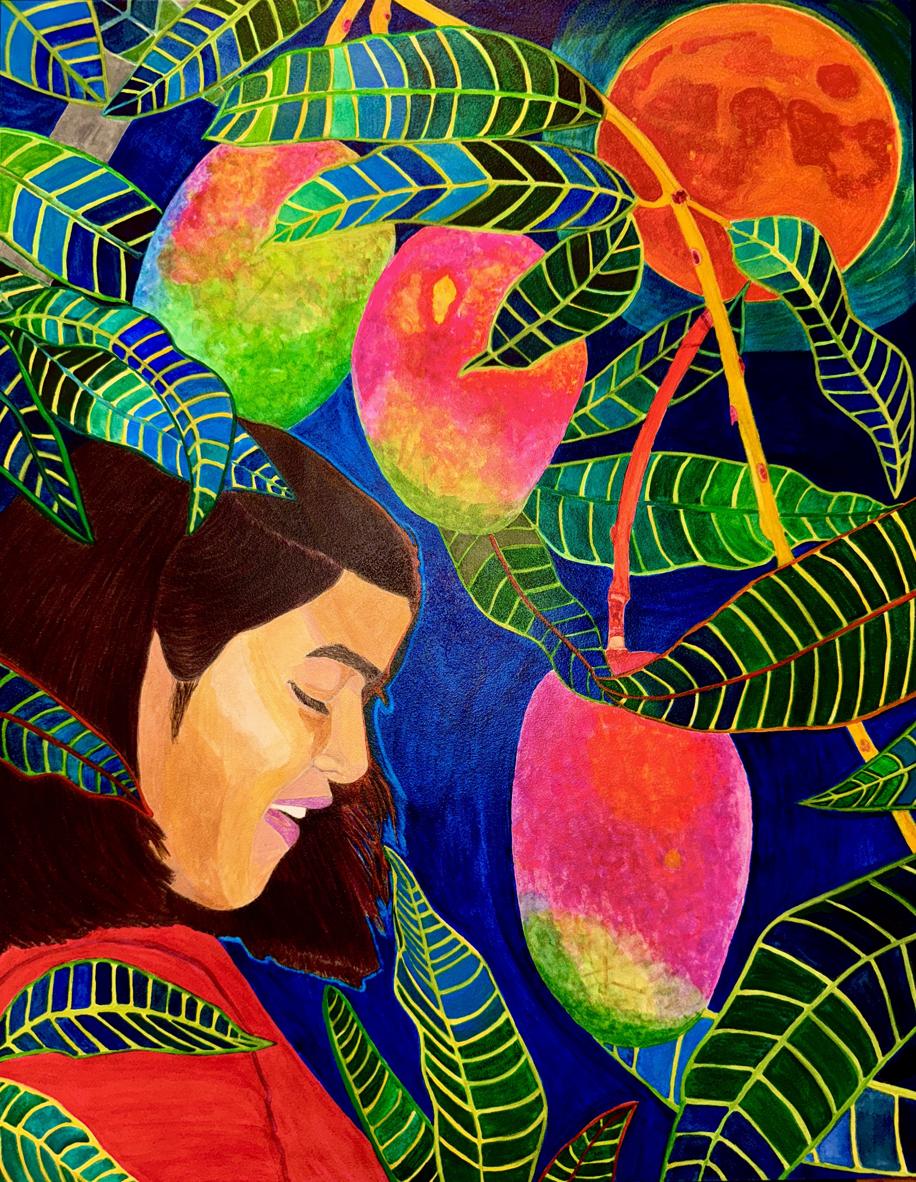 Watercolor painting of woman with brown hair and tan skin in a red top from the chest upward in corner looking down or eyes closed with green and yellow leaves, a red-orange orb like a sun, and green-pink-yellow orbs like fruit hanging around the person