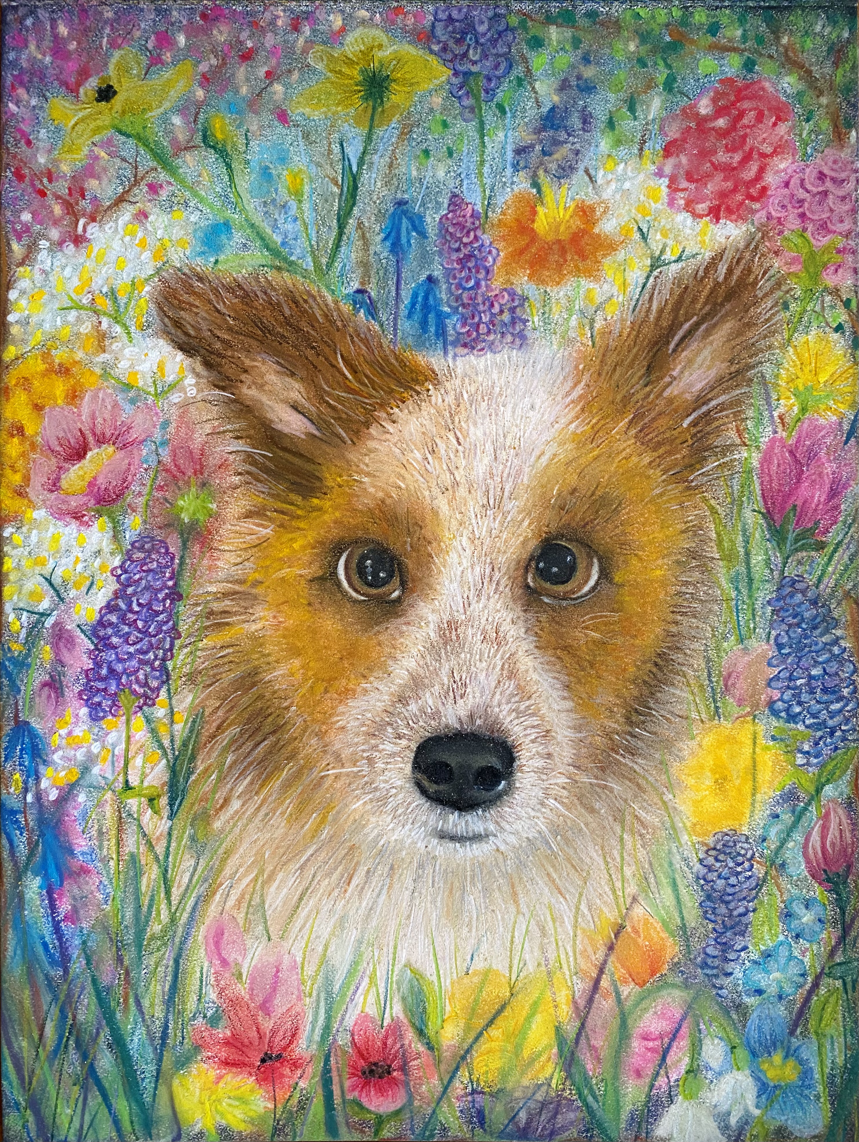 colorful drawing of white and tan dog surrounded by flowers of various colors and kinds looking directly at viewer