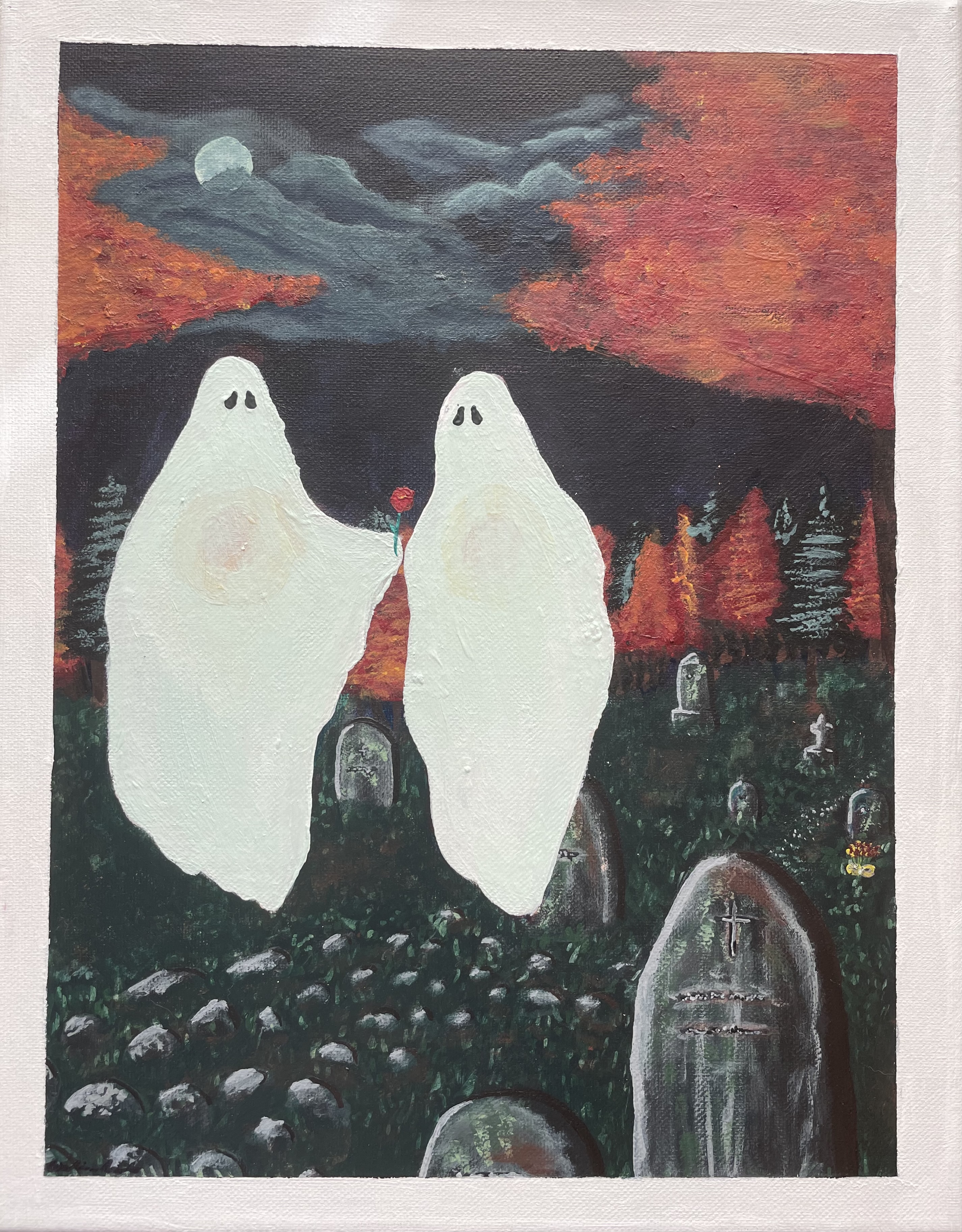 Two white ghosts float in a graveyard at night with red-orange and gray clouds and moon in sky, with one ghost handing the other a red flower