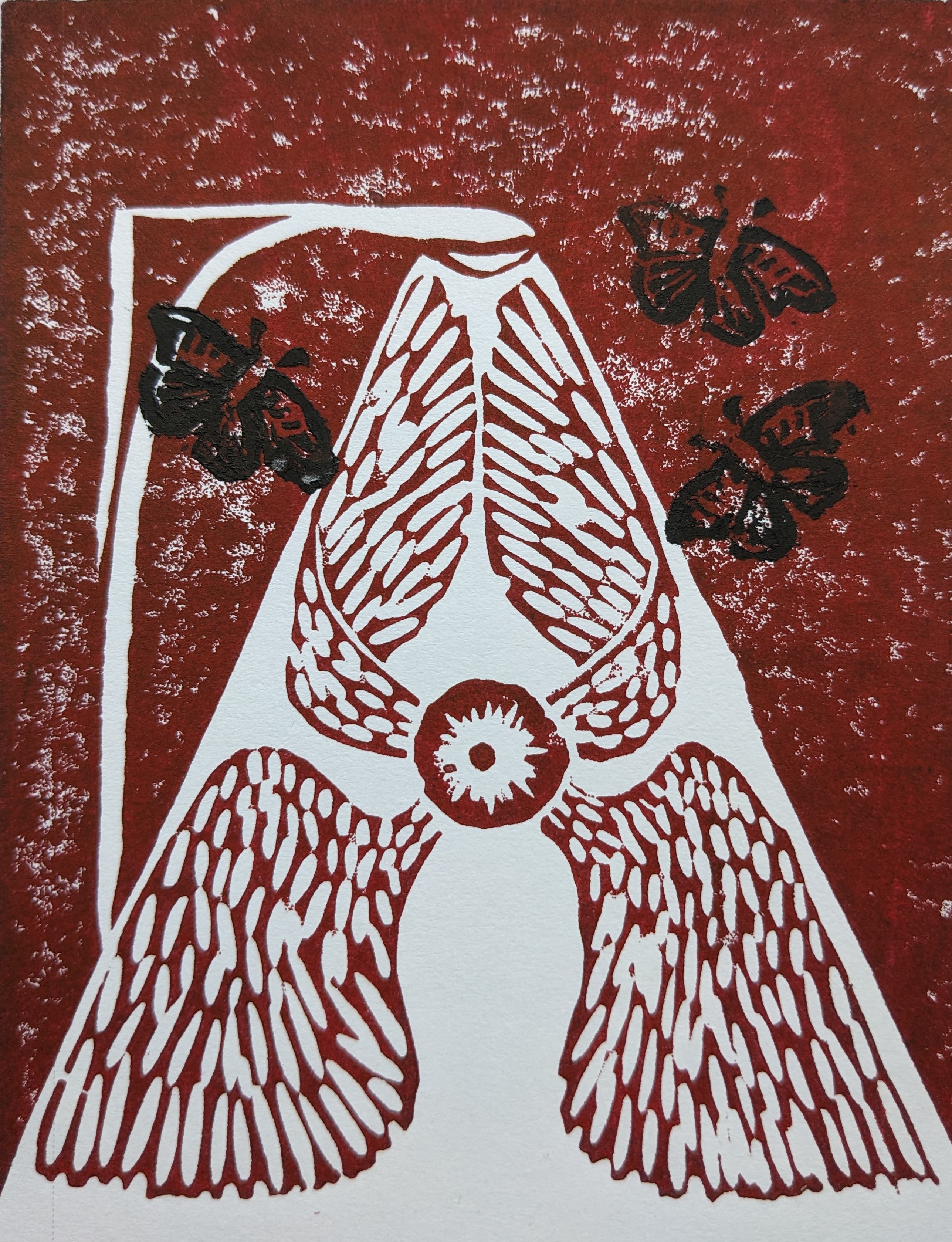 Linocut print of street lamp in white with red background (for night) with wings in light and butterflies or moths in black flying around