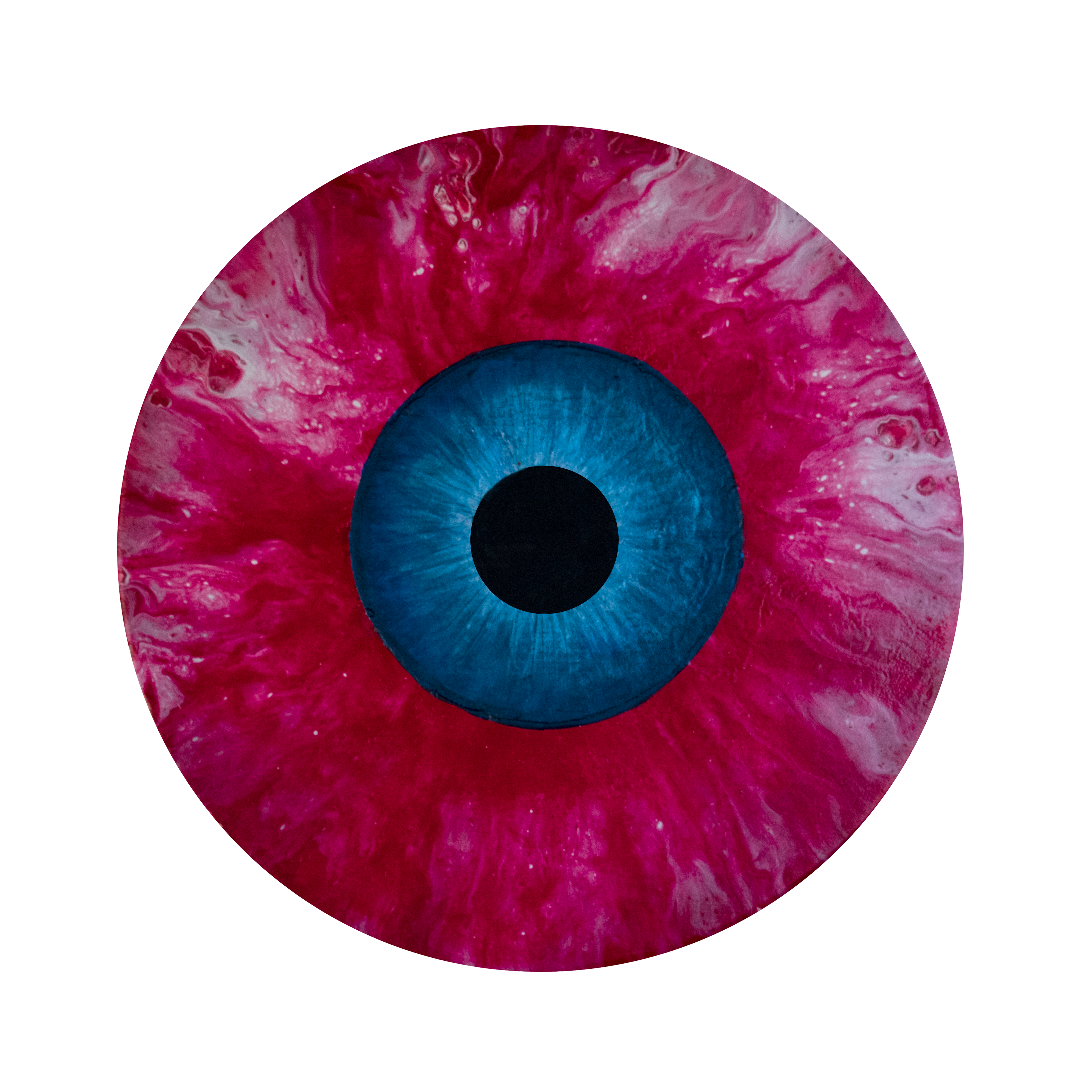 Poured paint on circular board to look like blue eye with red and pink of subconjunctival hemorrhage