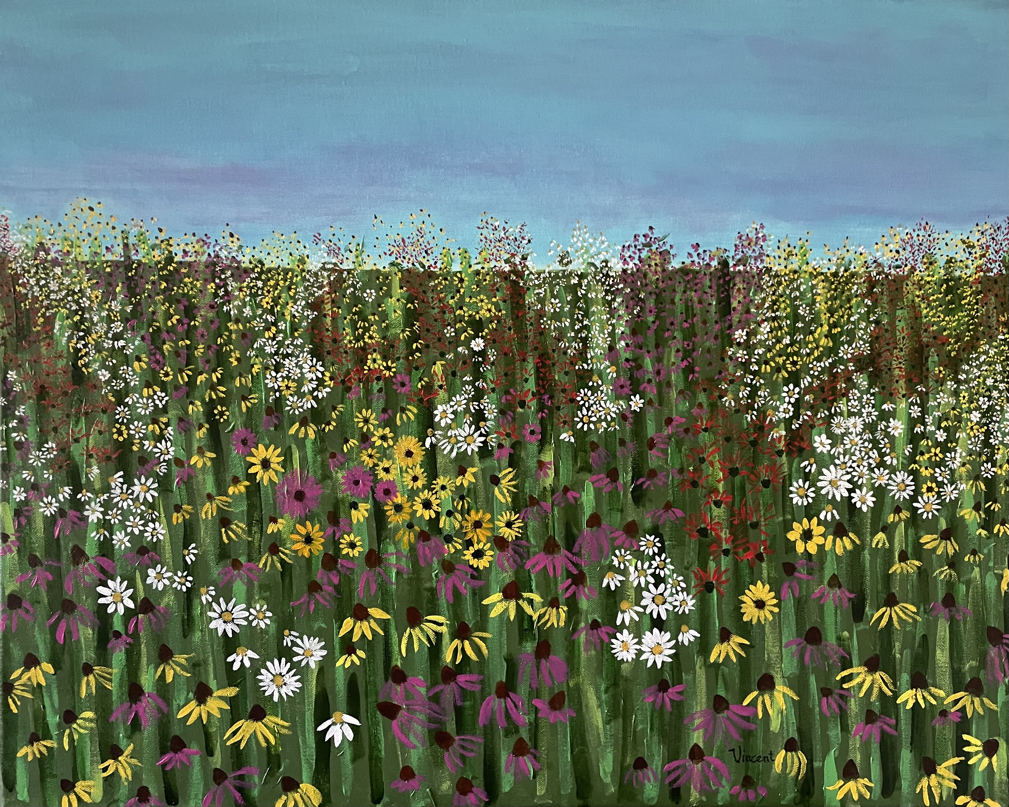 Painting of field of green grass and flowers in whites, yellows, pinks, reds against a blue pink sky