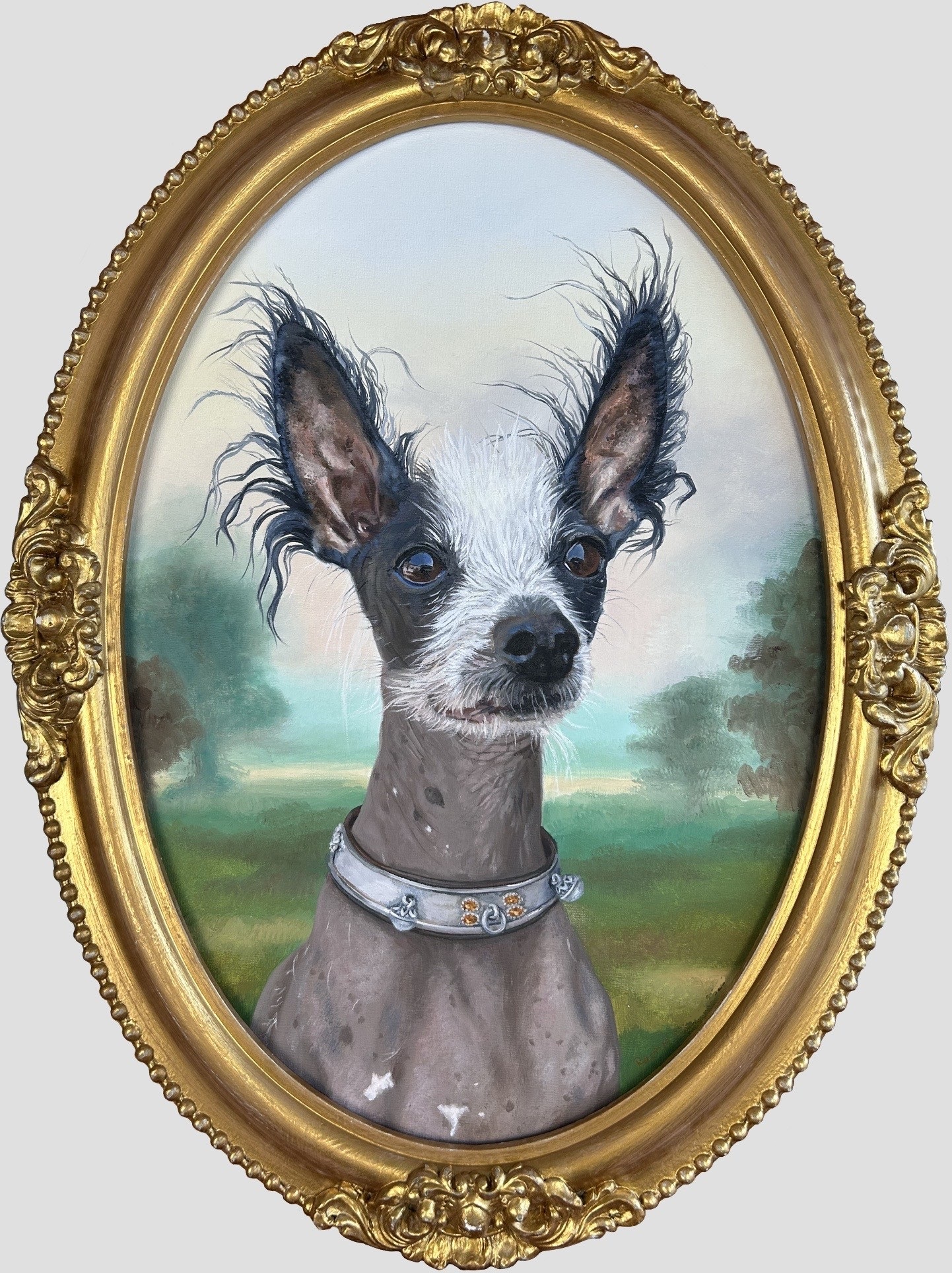 oil portrait of gray, black, and white dog looking to right in foreground, with fur blowing in the breeze with soft trees and green landscape in background framed by gilded round frame