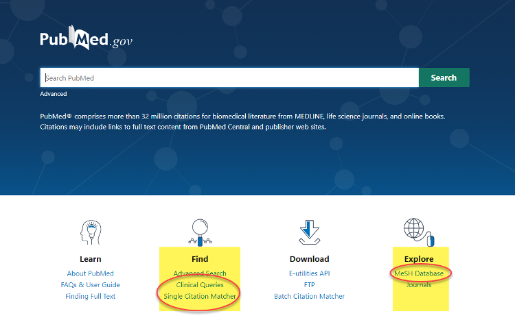 PubMed screenshot - Find and Explore functions highlighted