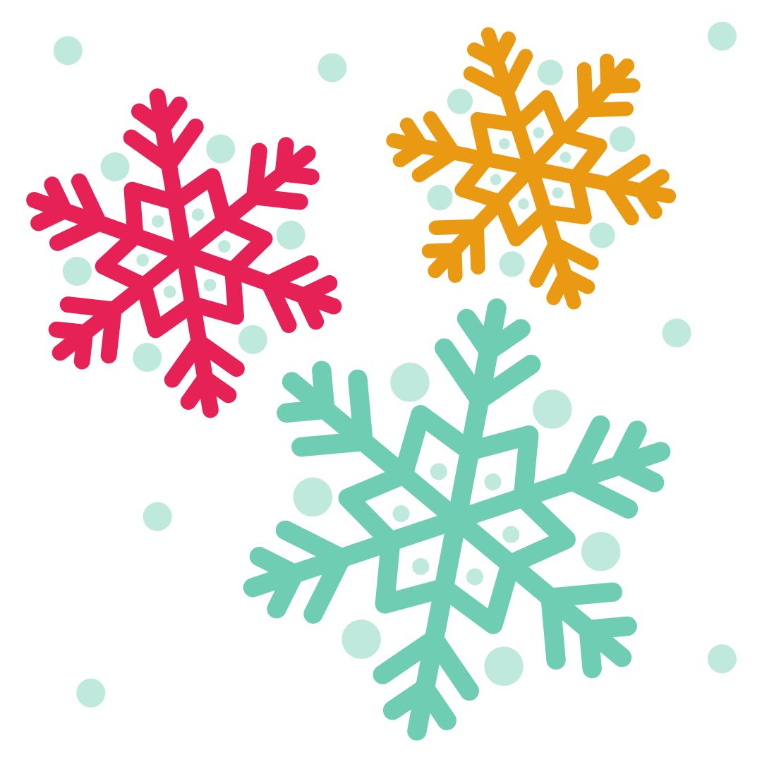 red, yellow, and green snowflakes against a white background with light blue dots