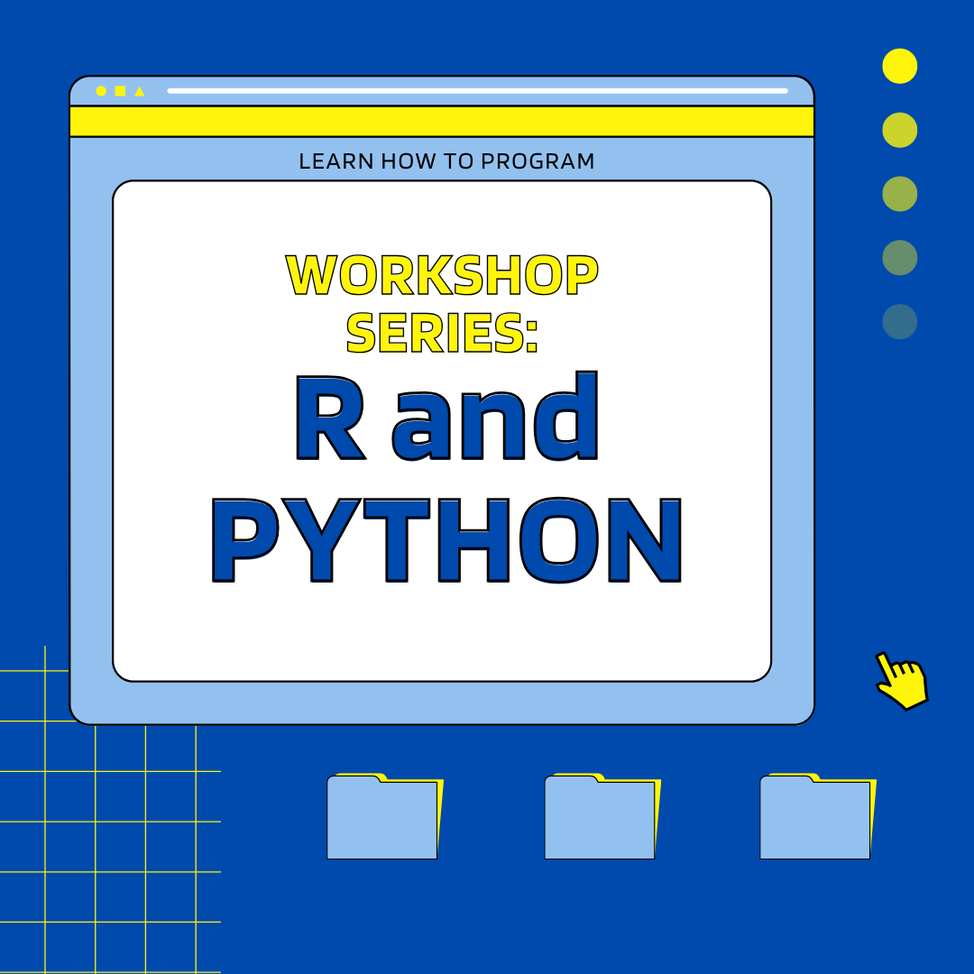 A yellow cursor hovers over a blue computer screen. A command prompt window reads: "Learn how to program. Workshop Series: R and Python."