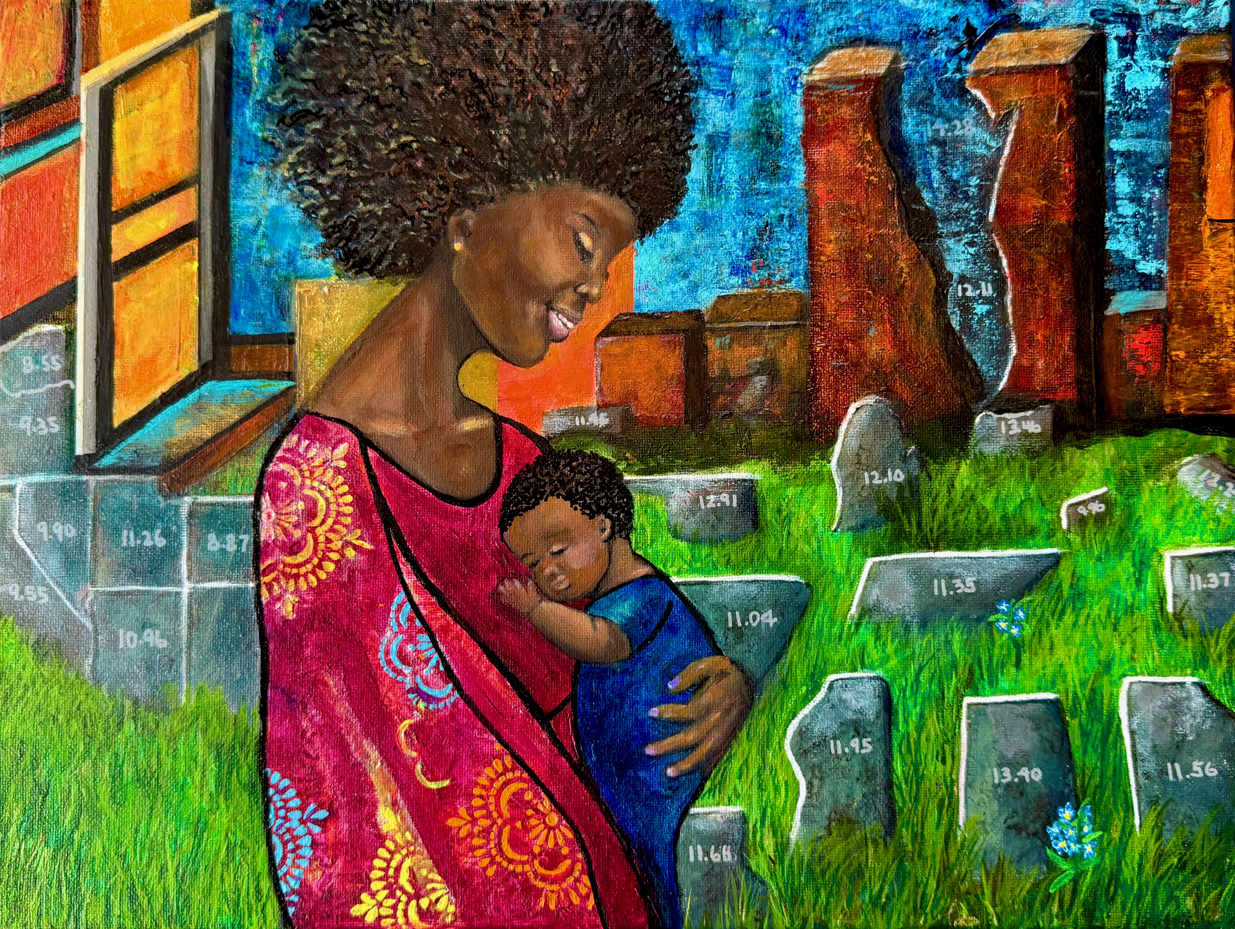 Black woman holding baby against background of state-shaped stones highlighting health and racial inquities