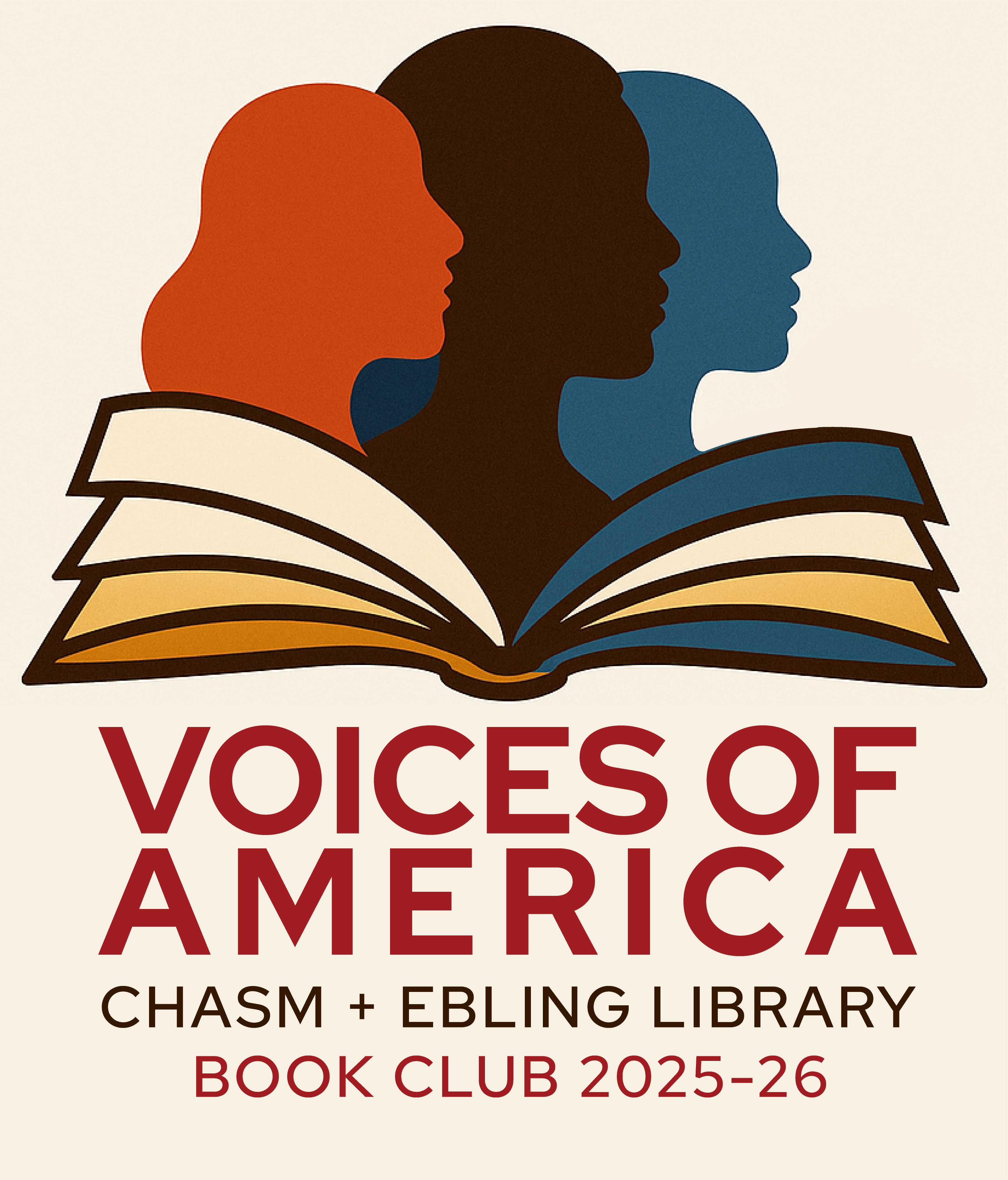 voices of america with open book and people's heads above it