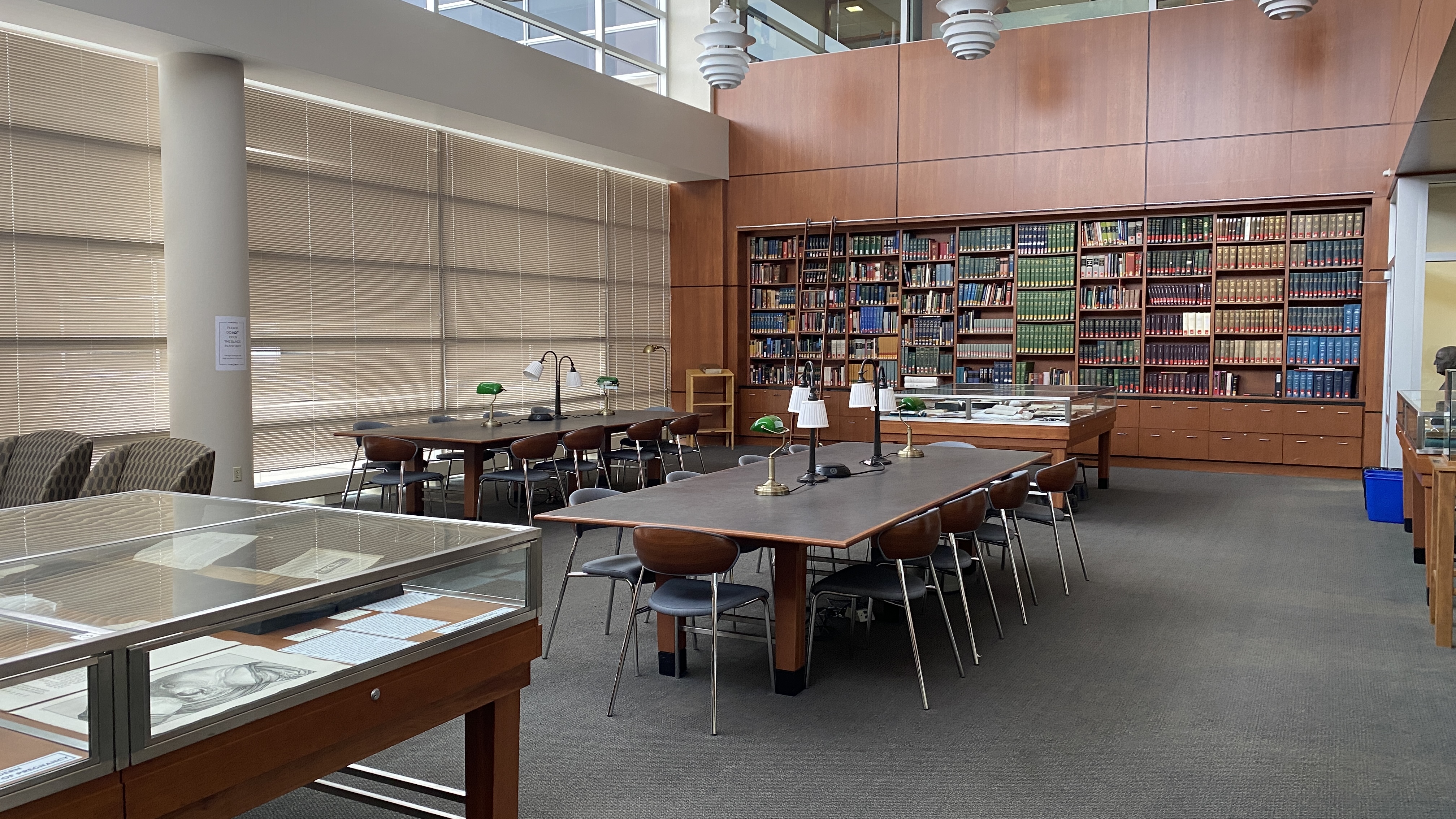 Tables and exhibition cases in the Ebling Historical Reading Room