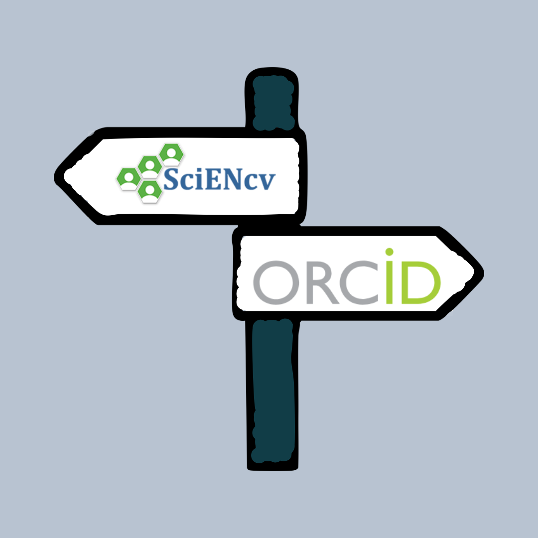 Crossroads sign, with one arrow containing SciENcv's logo and the other ORCID's logo